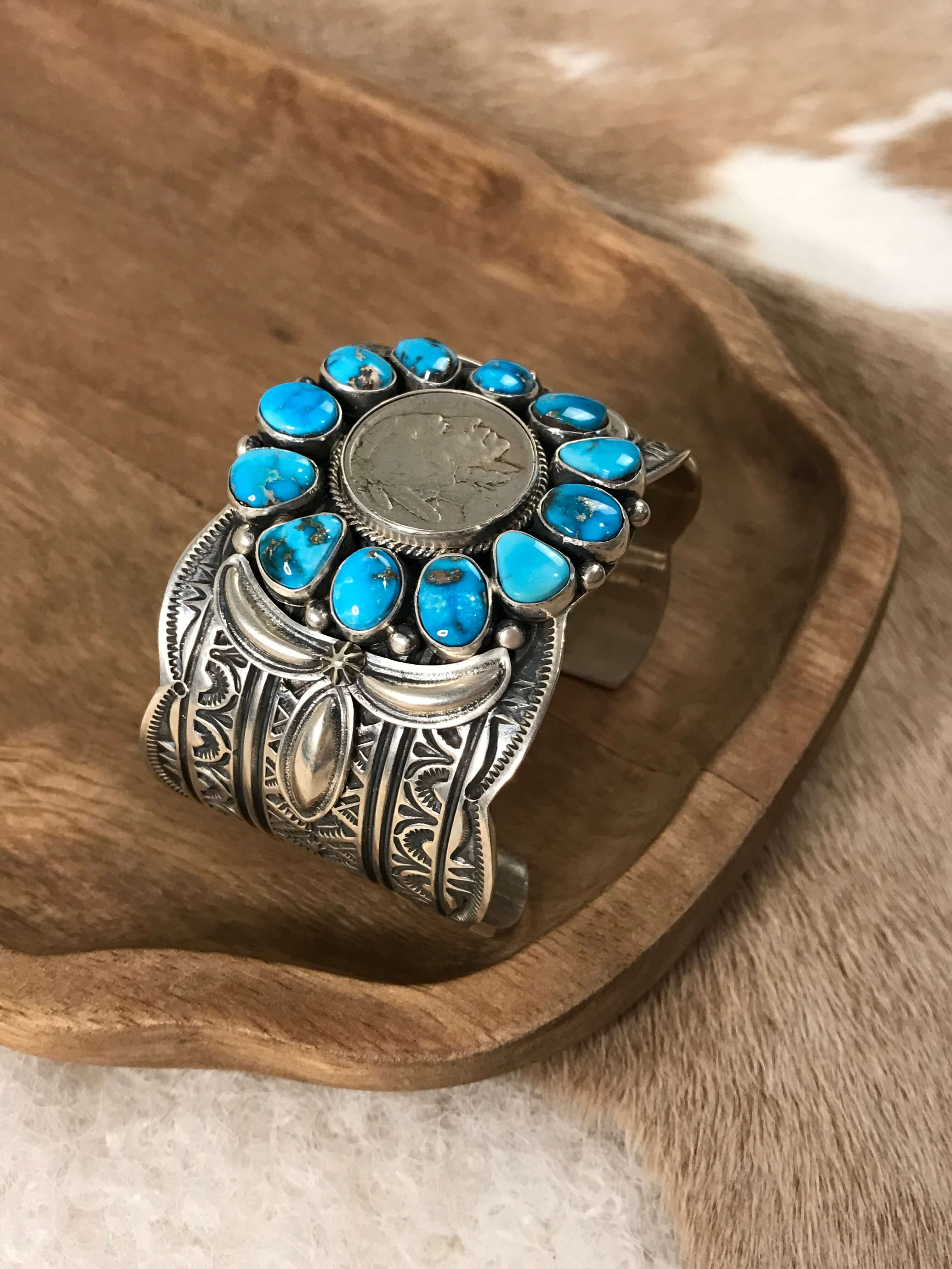 The Smith Rock Buffalo Nickel and Turquoise Cuff-Bracelets & Cuffs-Calli Co., Turquoise and Silver Jewelry, Native American Handmade, Zuni Tribe, Navajo Tribe, Brock Texas