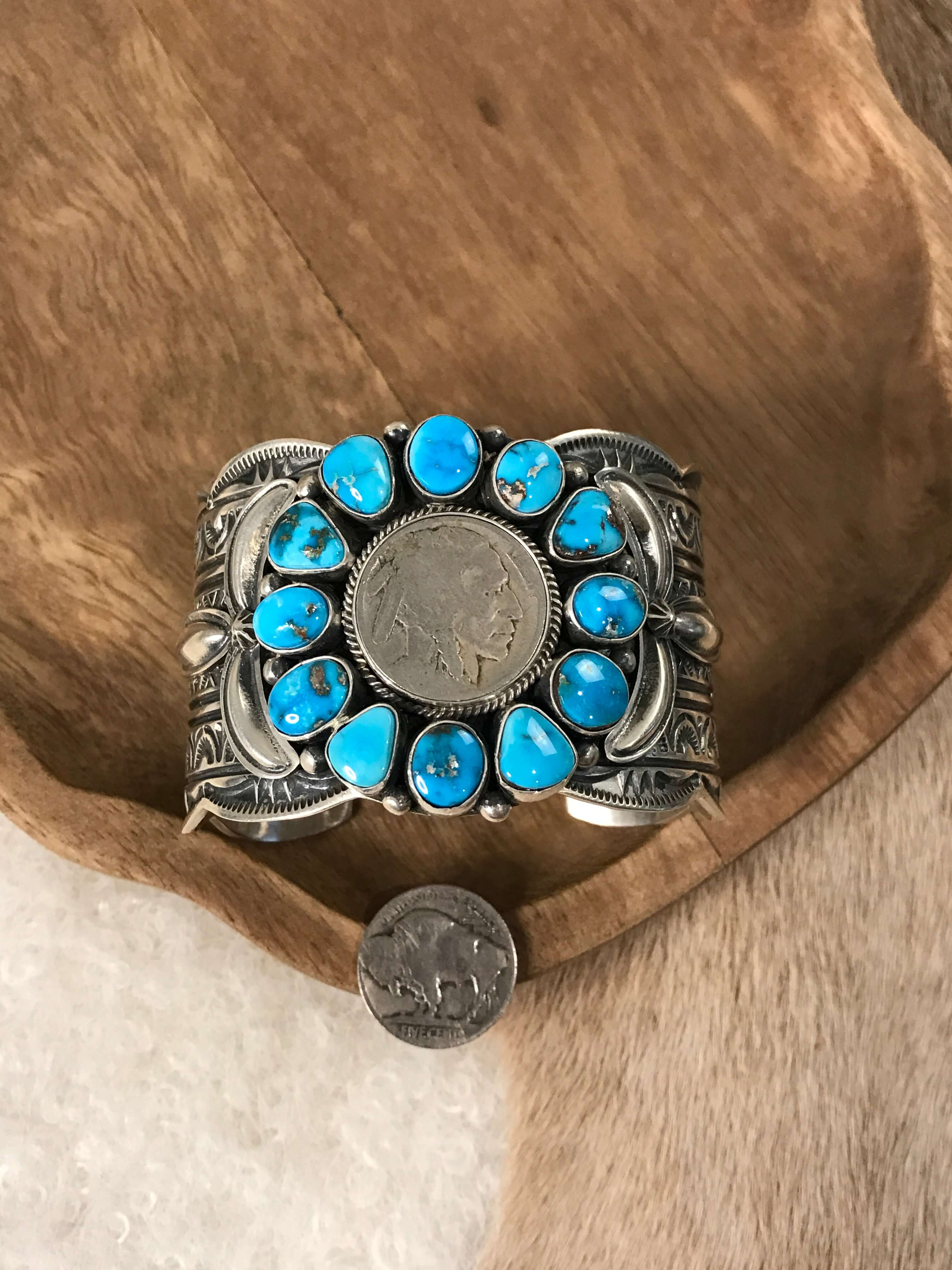 The Smith Rock Buffalo Nickel and Turquoise Cuff-Bracelets & Cuffs-Calli Co., Turquoise and Silver Jewelry, Native American Handmade, Zuni Tribe, Navajo Tribe, Brock Texas