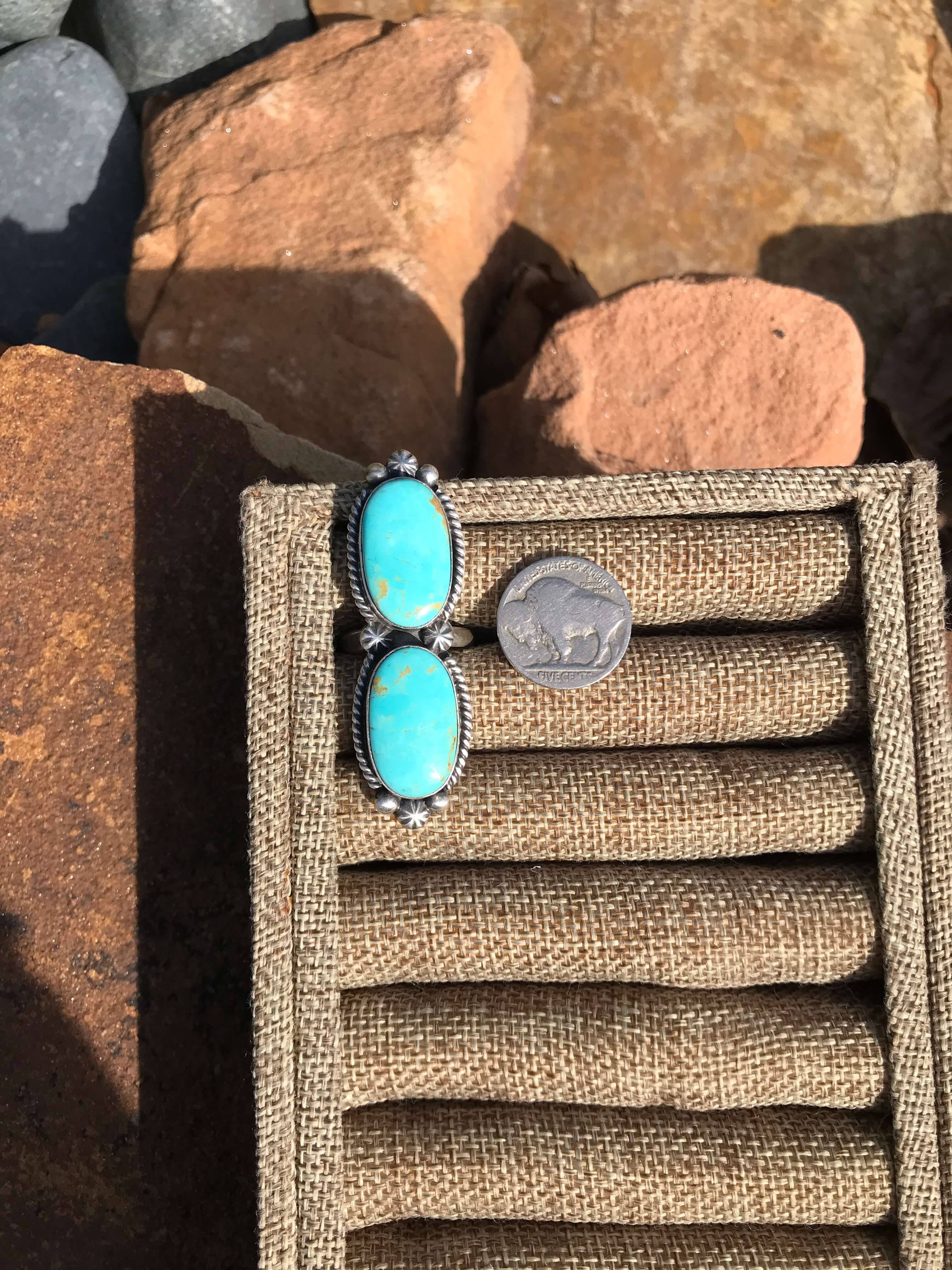 The Double Stone Adjustable Ring, 1-Rings-Calli Co., Turquoise and Silver Jewelry, Native American Handmade, Zuni Tribe, Navajo Tribe, Brock Texas