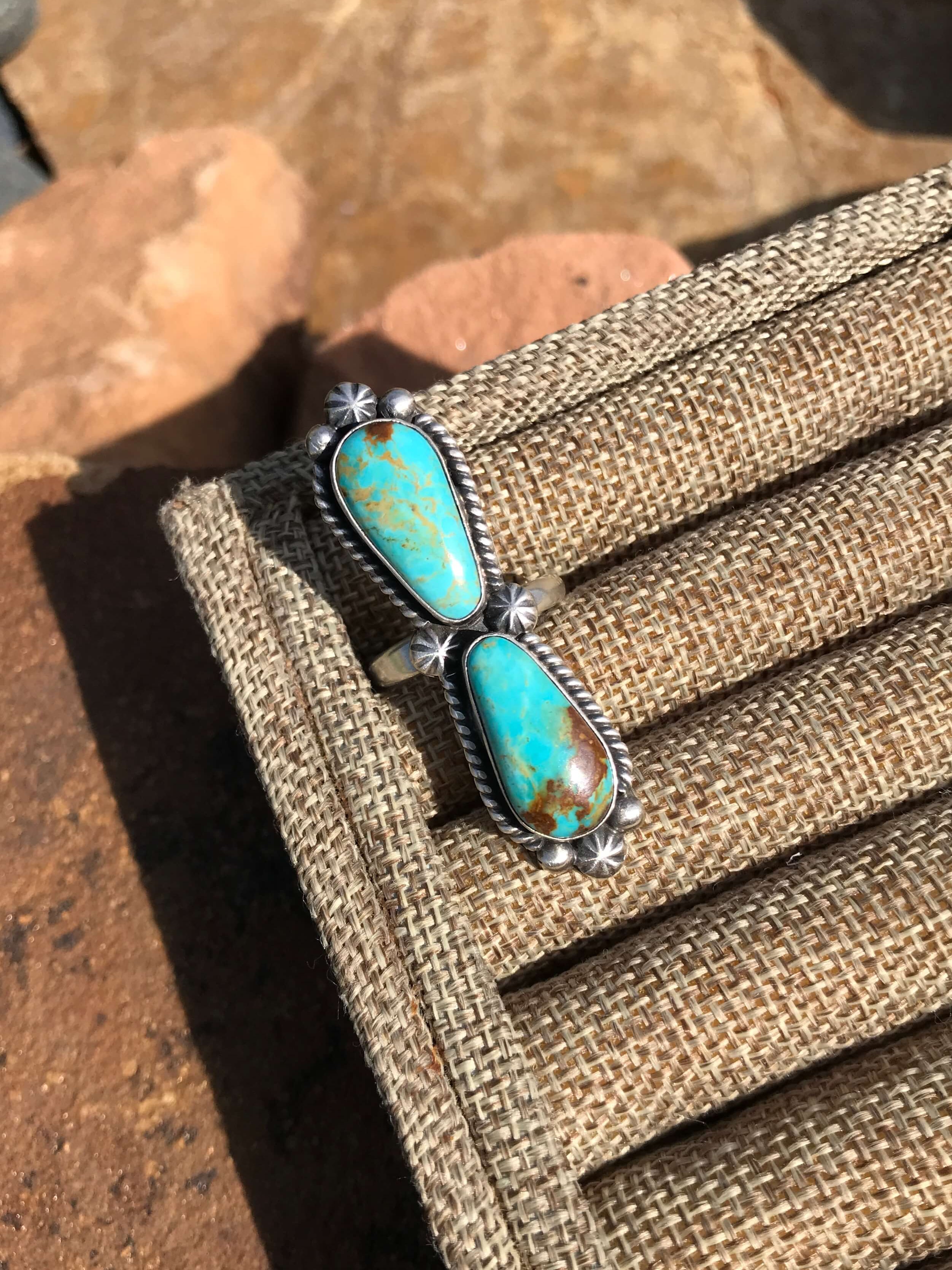 The Double Stone Adjustable Ring, 3-Rings-Calli Co., Turquoise and Silver Jewelry, Native American Handmade, Zuni Tribe, Navajo Tribe, Brock Texas