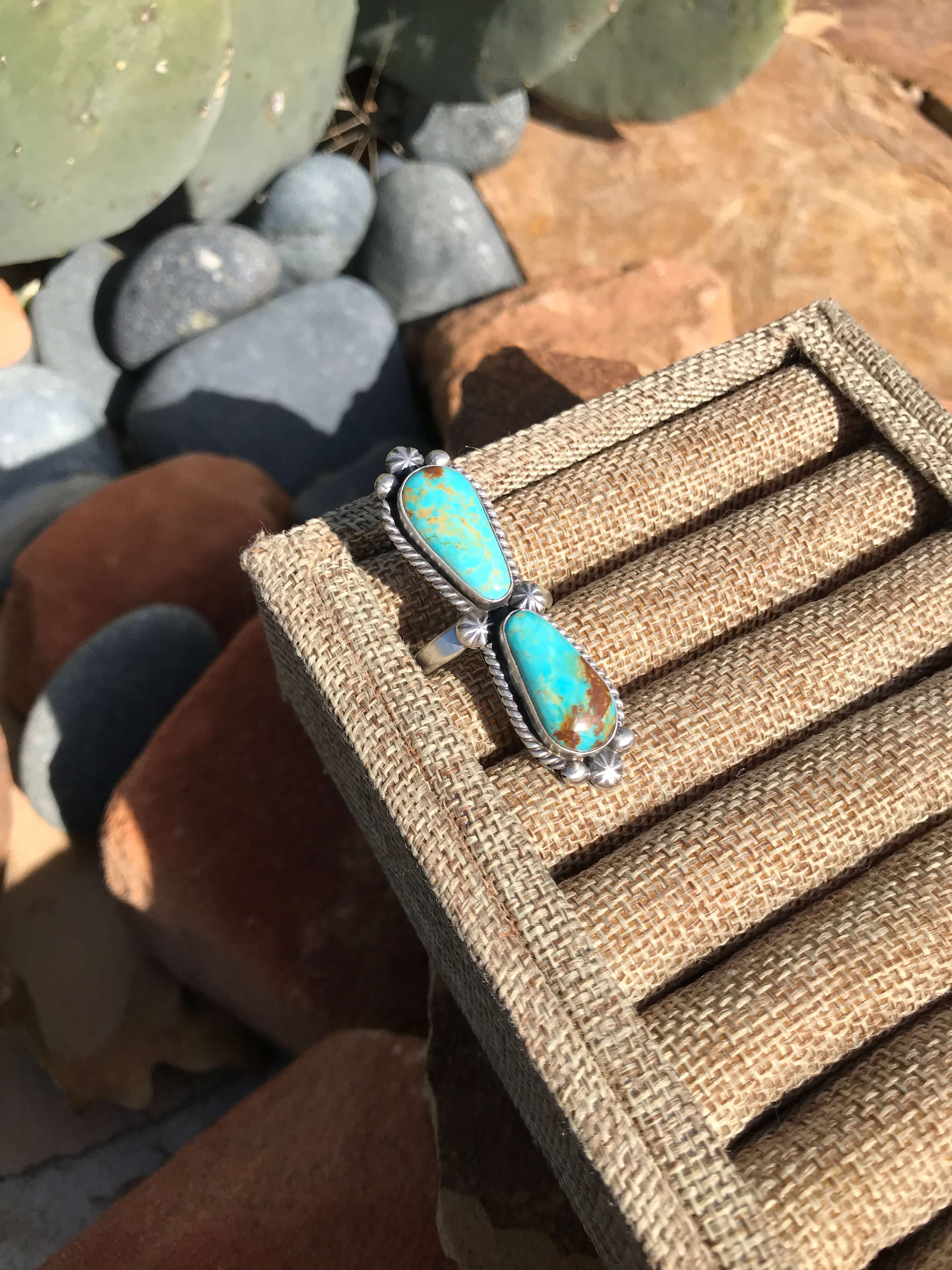 The Double Stone Adjustable Ring, 3-Rings-Calli Co., Turquoise and Silver Jewelry, Native American Handmade, Zuni Tribe, Navajo Tribe, Brock Texas