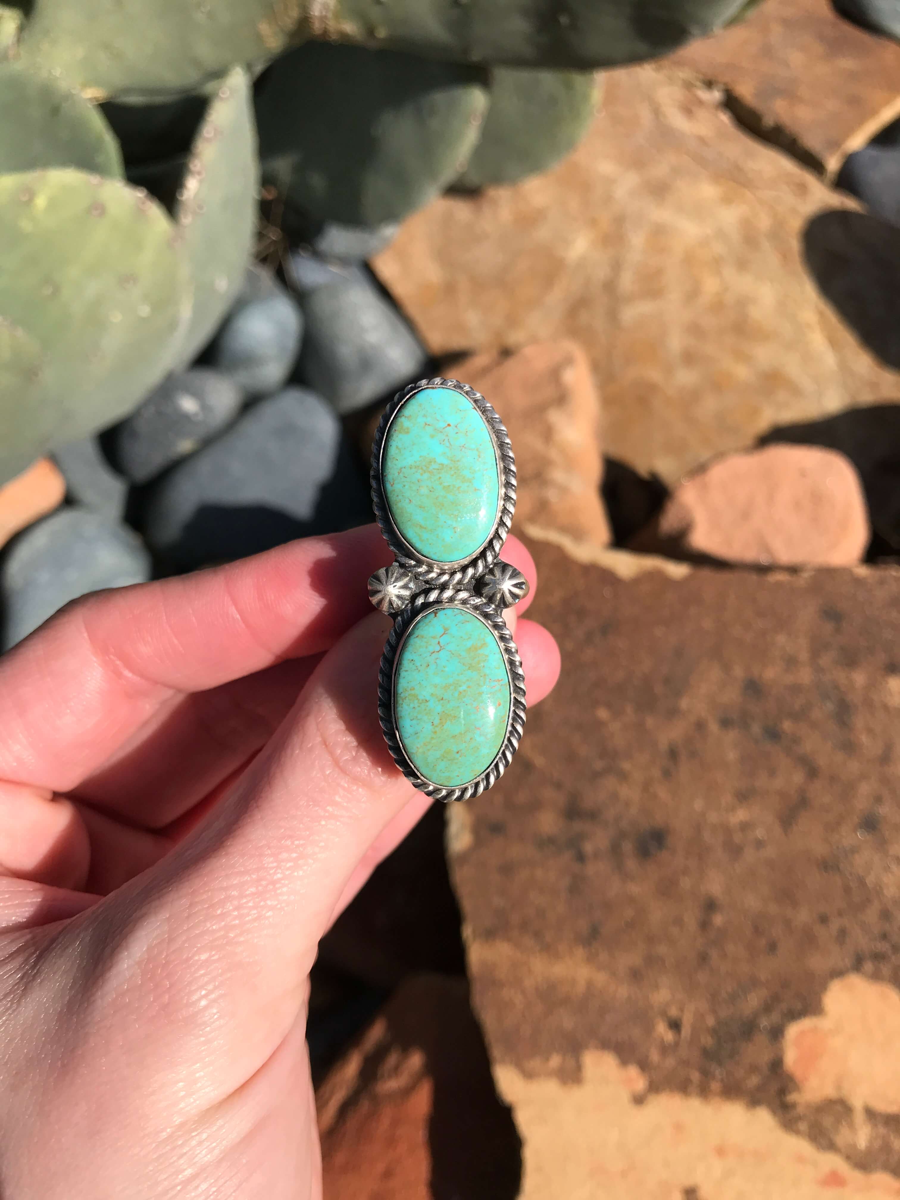 The Double Stone Adjustable Ring, 4-Rings-Calli Co., Turquoise and Silver Jewelry, Native American Handmade, Zuni Tribe, Navajo Tribe, Brock Texas