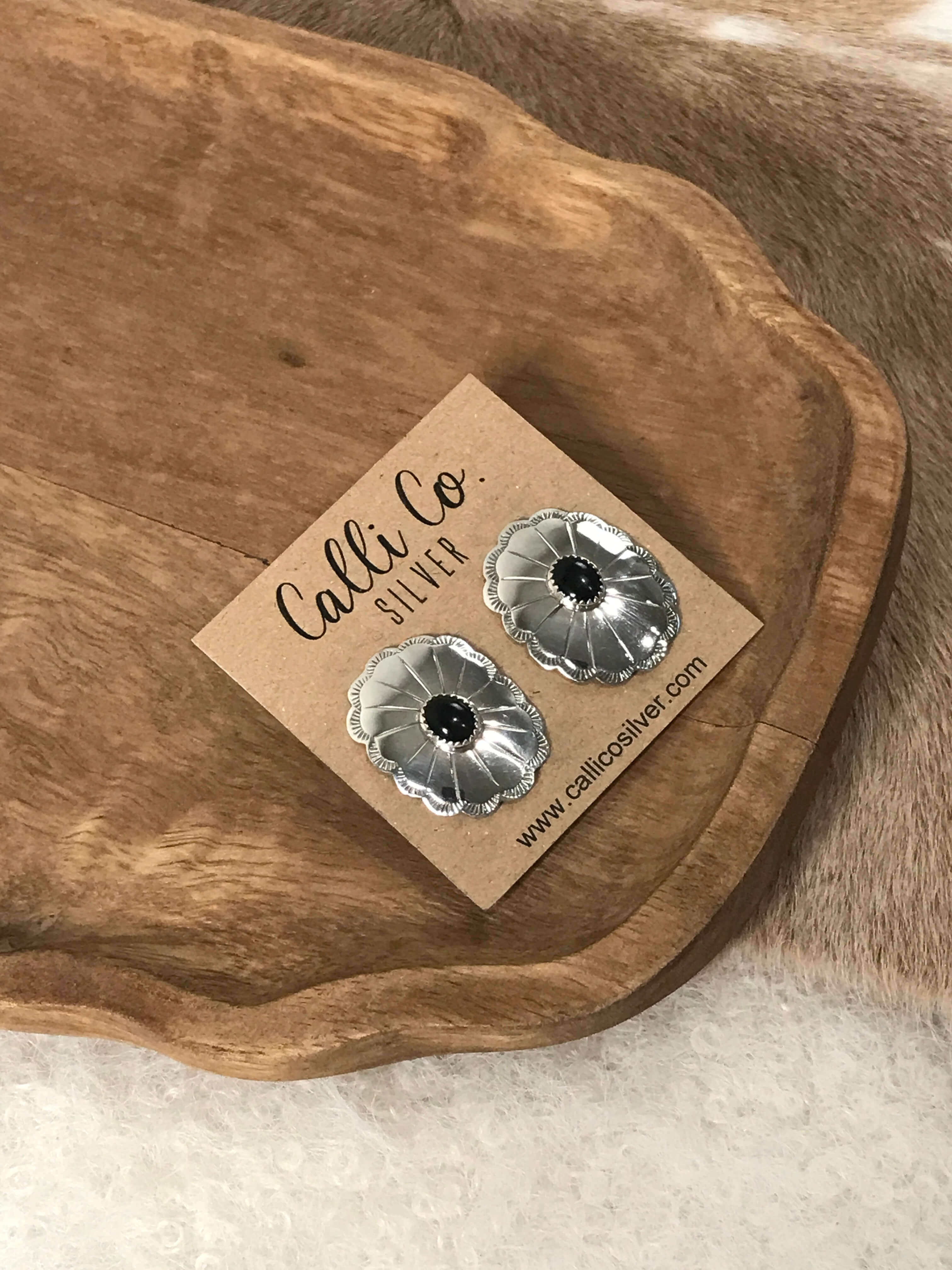 The Marietta Concho Earrings-Earrings-Calli Co., Turquoise and Silver Jewelry, Native American Handmade, Zuni Tribe, Navajo Tribe, Brock Texas