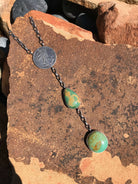 The Coin Turquoise Lariat Necklace, 1-Necklaces-Calli Co., Turquoise and Silver Jewelry, Native American Handmade, Zuni Tribe, Navajo Tribe, Brock Texas