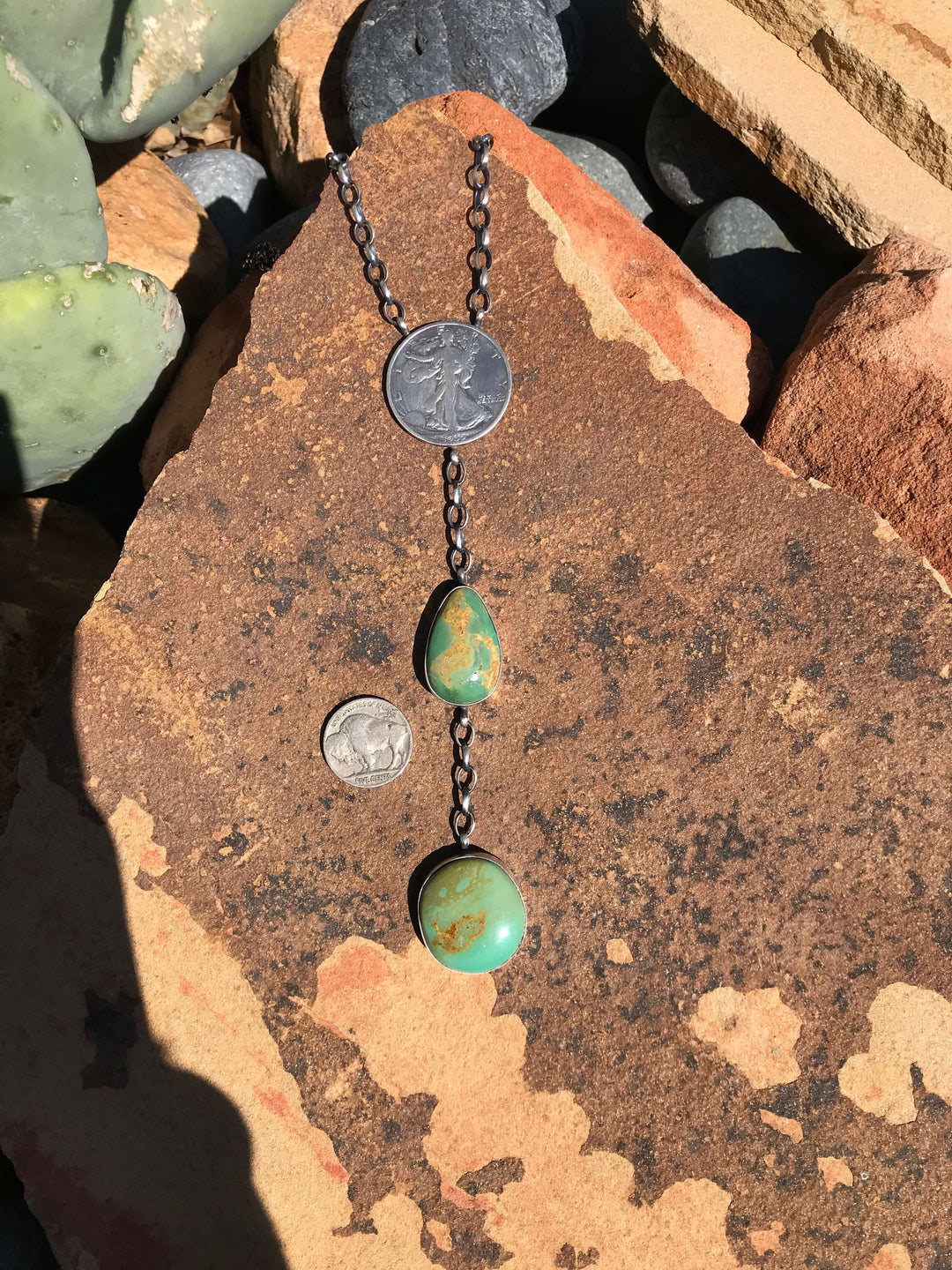 The Coin Turquoise Lariat Necklace, 1-Necklaces-Calli Co., Turquoise and Silver Jewelry, Native American Handmade, Zuni Tribe, Navajo Tribe, Brock Texas