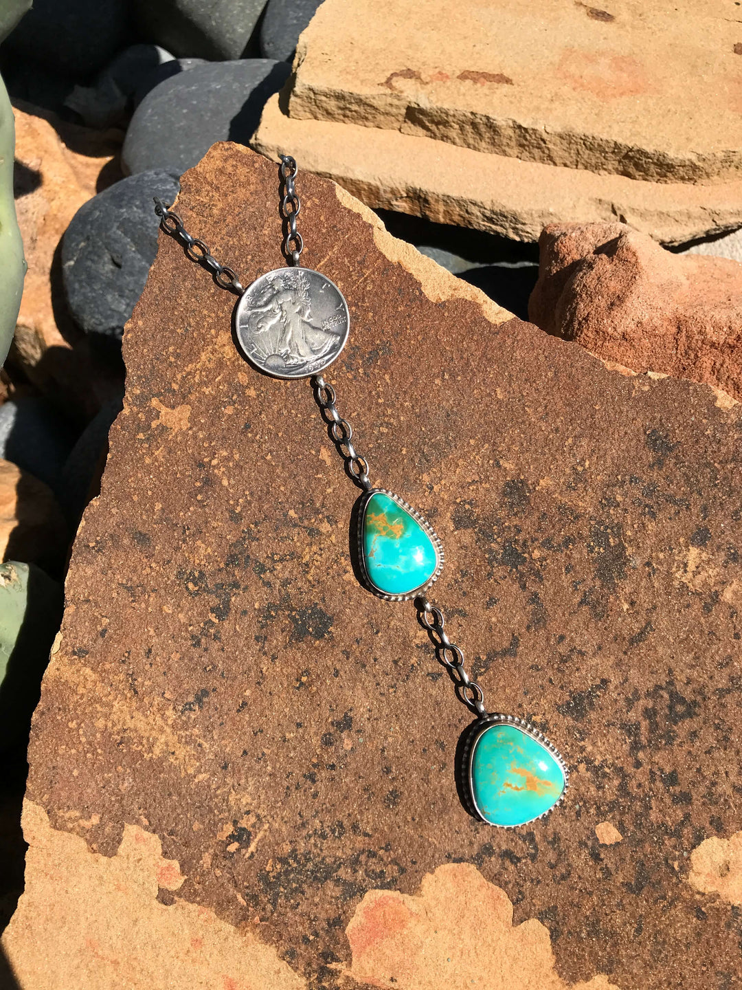 The Coin Turquoise Lariat Necklace, 2-Necklaces-Calli Co., Turquoise and Silver Jewelry, Native American Handmade, Zuni Tribe, Navajo Tribe, Brock Texas