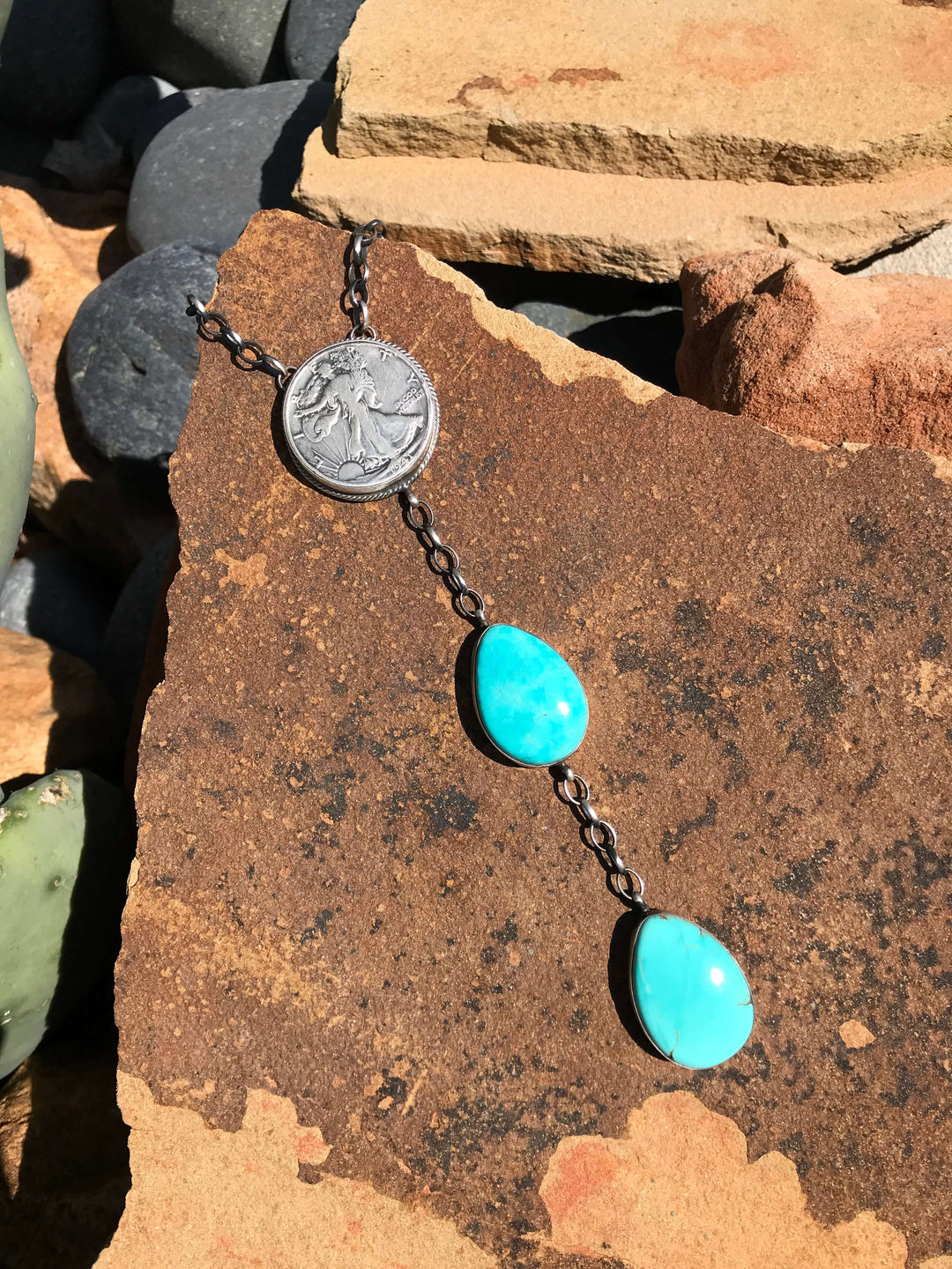 The Coin Turquoise Lariat Necklace, 3-Necklaces-Calli Co., Turquoise and Silver Jewelry, Native American Handmade, Zuni Tribe, Navajo Tribe, Brock Texas