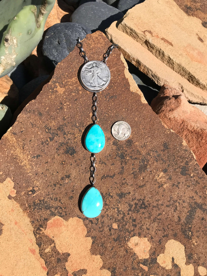 The Coin Turquoise Lariat Necklace, 3-Necklaces-Calli Co., Turquoise and Silver Jewelry, Native American Handmade, Zuni Tribe, Navajo Tribe, Brock Texas