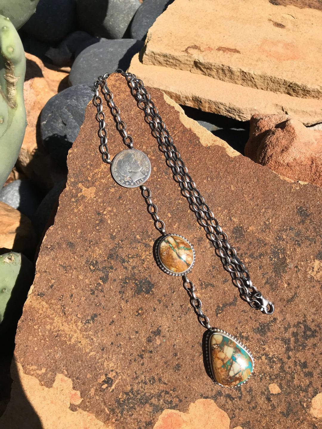 The Coin Turquoise Lariat Necklace, 4-Necklaces-Calli Co., Turquoise and Silver Jewelry, Native American Handmade, Zuni Tribe, Navajo Tribe, Brock Texas