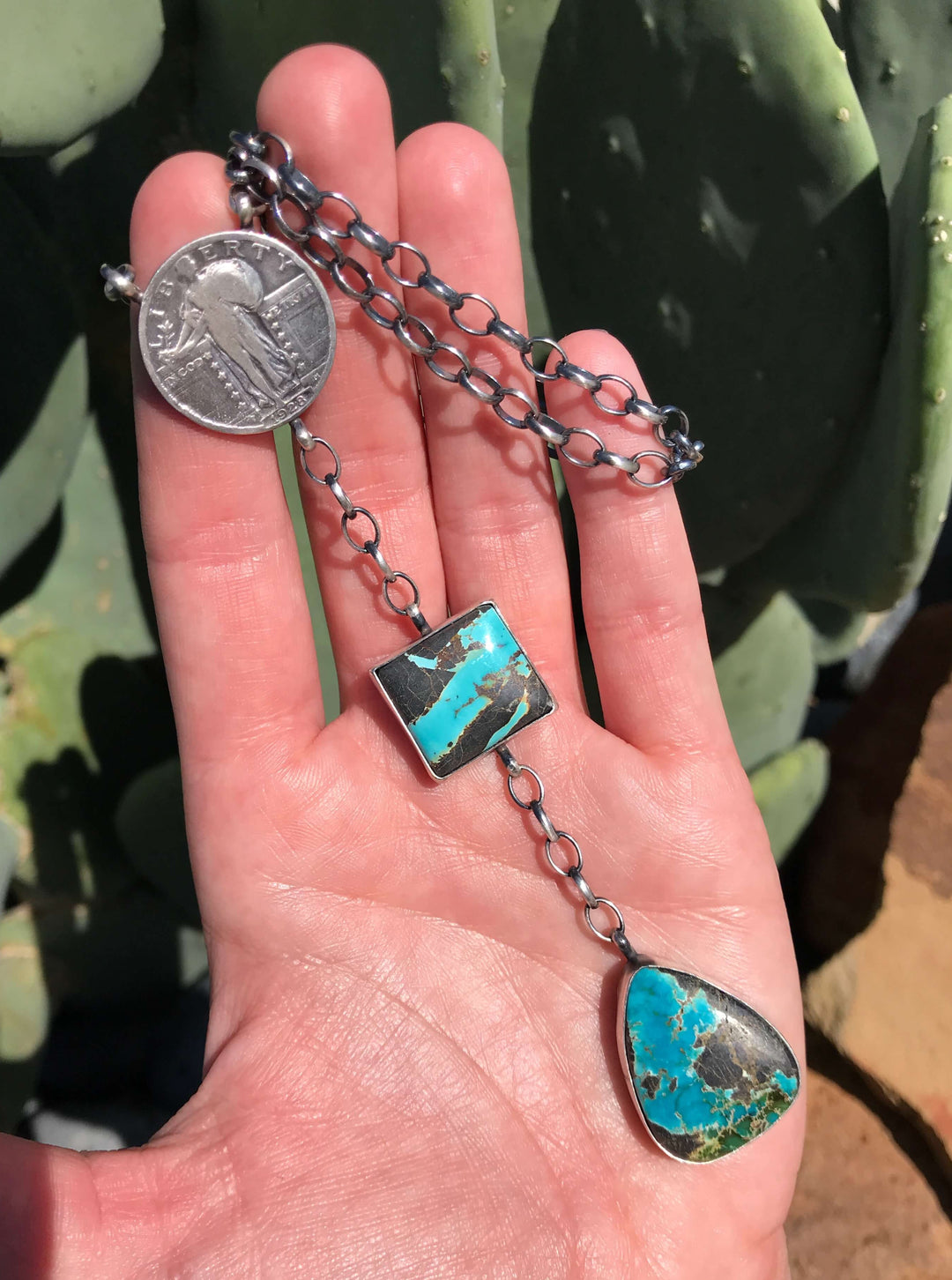 The Coin Turquoise Lariat Necklace, 6-Necklaces-Calli Co., Turquoise and Silver Jewelry, Native American Handmade, Zuni Tribe, Navajo Tribe, Brock Texas