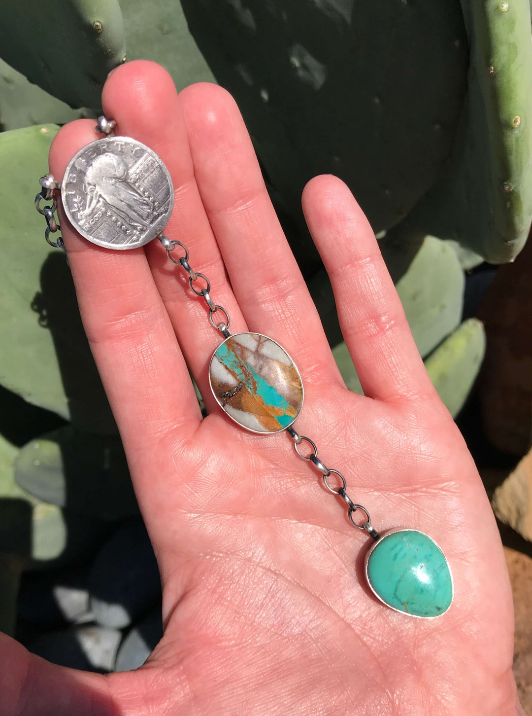 The Coin Turquoise Lariat Necklace, 5-Necklaces-Calli Co., Turquoise and Silver Jewelry, Native American Handmade, Zuni Tribe, Navajo Tribe, Brock Texas