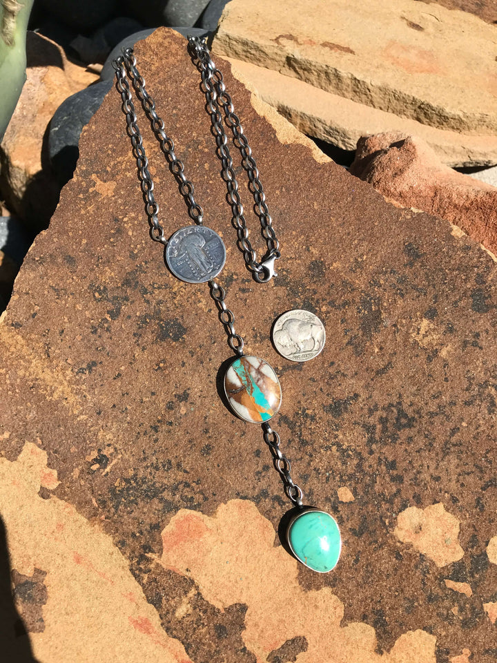 The Coin Turquoise Lariat Necklace, 5-Necklaces-Calli Co., Turquoise and Silver Jewelry, Native American Handmade, Zuni Tribe, Navajo Tribe, Brock Texas