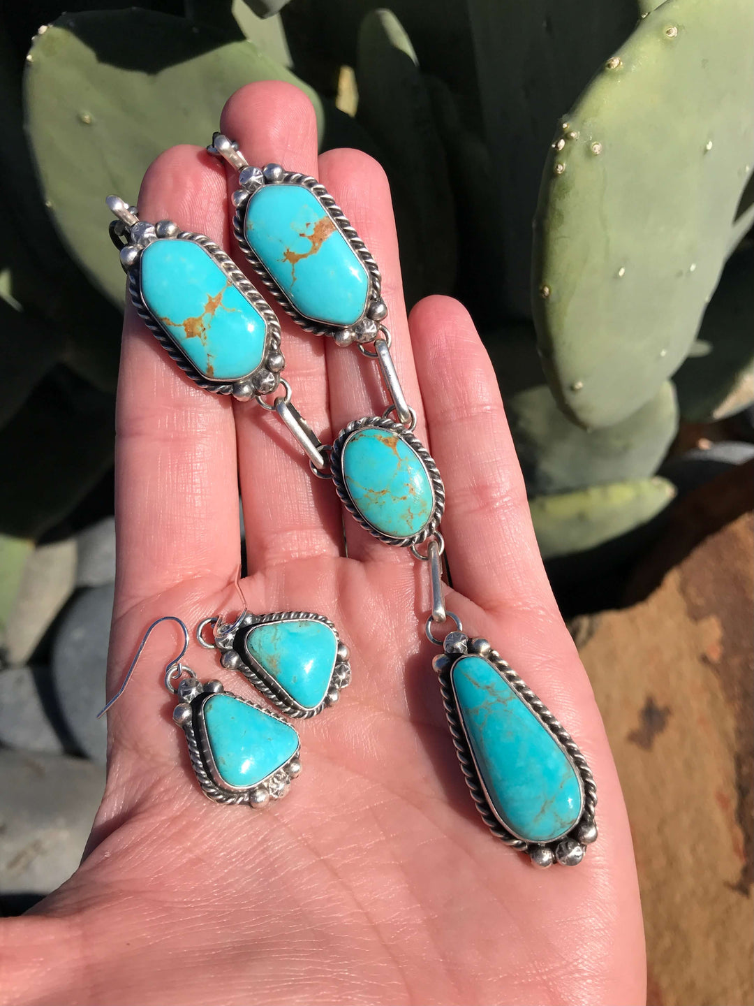 The Francisca Turquoise Lariat Necklace Set-Necklaces-Calli Co., Turquoise and Silver Jewelry, Native American Handmade, Zuni Tribe, Navajo Tribe, Brock Texas
