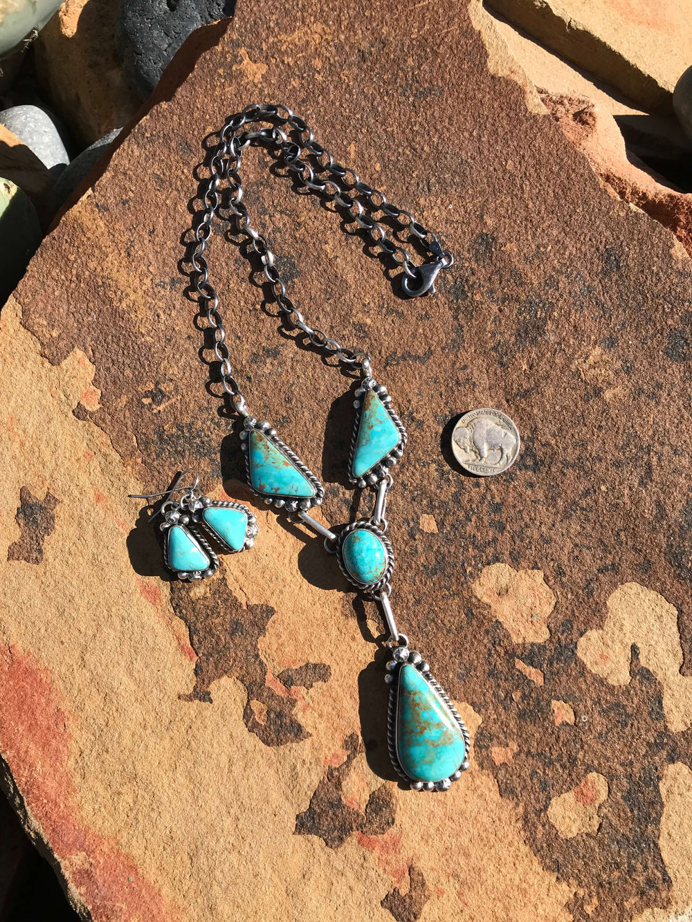 The Kilkea Turquoise Lariat Necklace Set-Necklaces-Calli Co., Turquoise and Silver Jewelry, Native American Handmade, Zuni Tribe, Navajo Tribe, Brock Texas