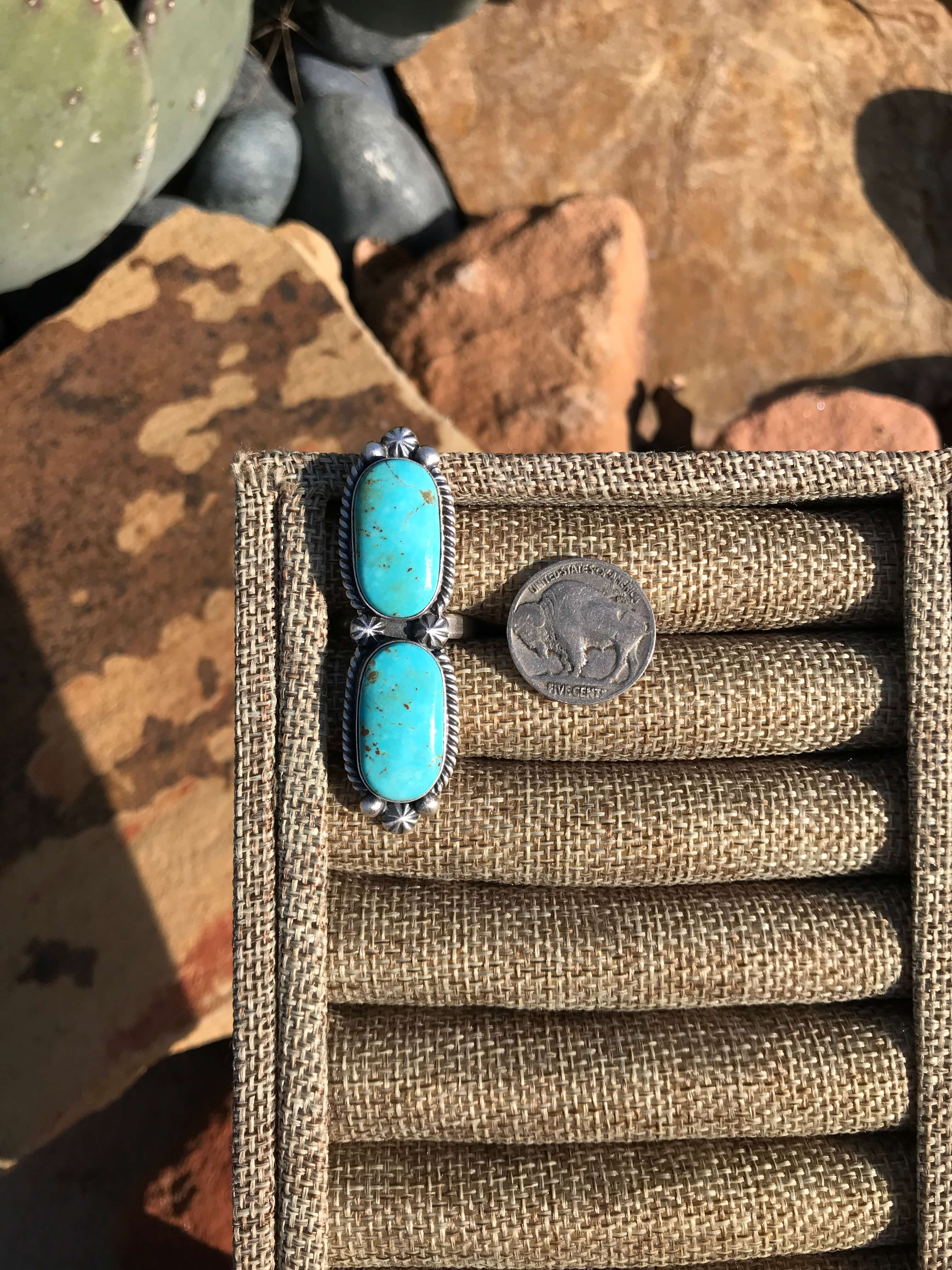 The Double Stone Adjustable Ring, 7-Rings-Calli Co., Turquoise and Silver Jewelry, Native American Handmade, Zuni Tribe, Navajo Tribe, Brock Texas