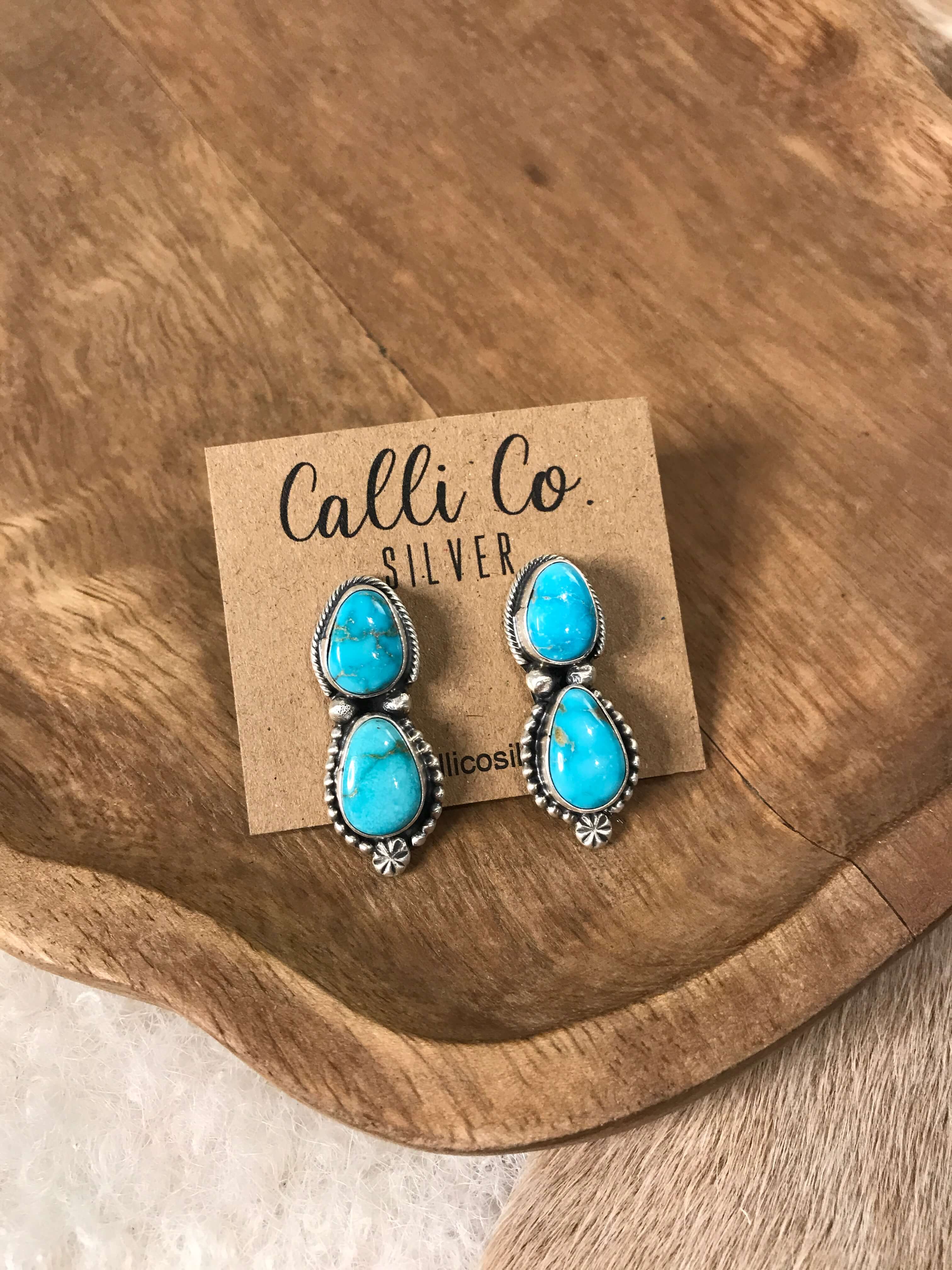 The Muse Turquoise Earrings, 4-Earrings-Calli Co., Turquoise and Silver Jewelry, Native American Handmade, Zuni Tribe, Navajo Tribe, Brock Texas