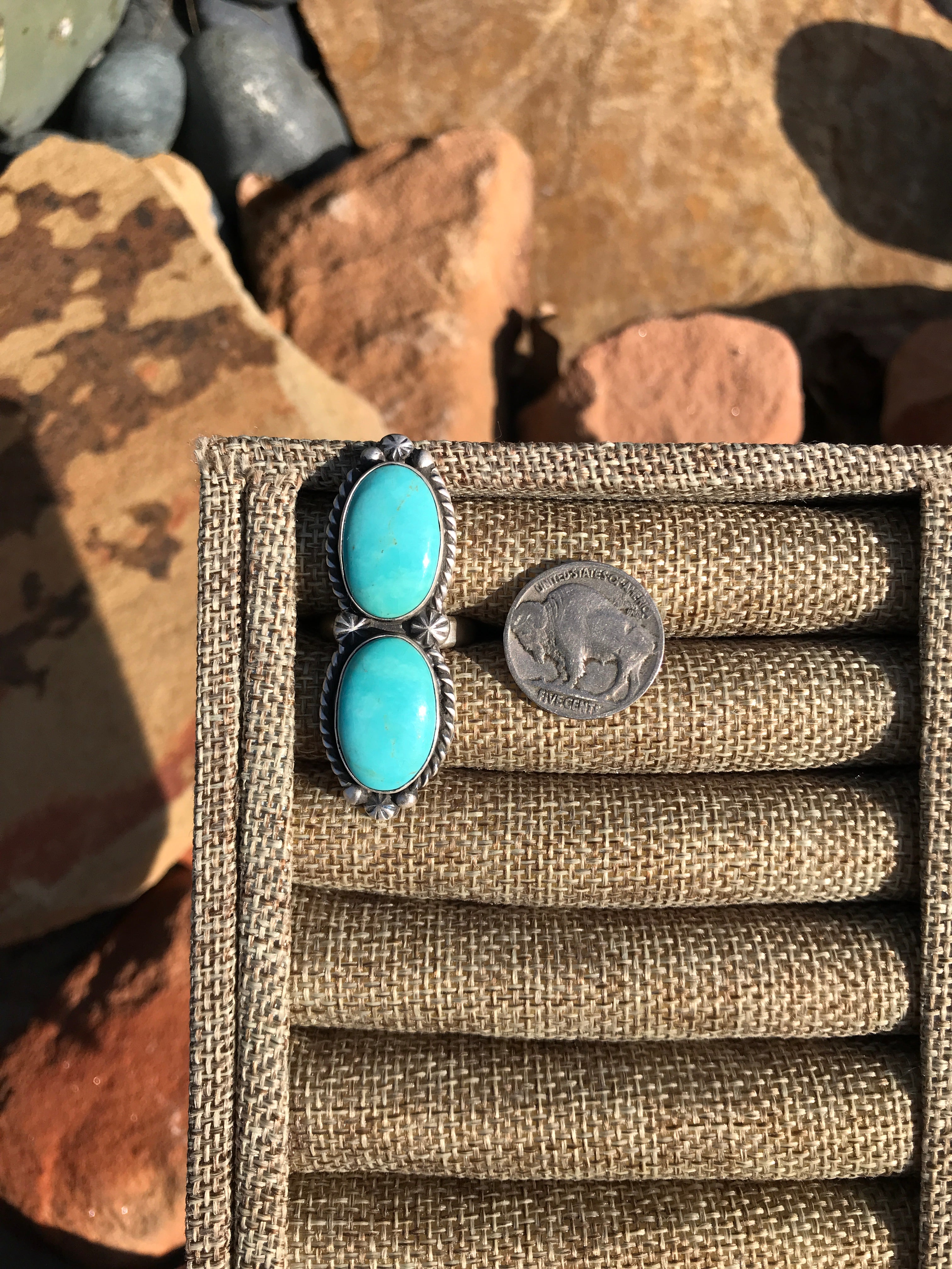 The Double Stone Adjustable Ring, 5-Rings-Calli Co., Turquoise and Silver Jewelry, Native American Handmade, Zuni Tribe, Navajo Tribe, Brock Texas