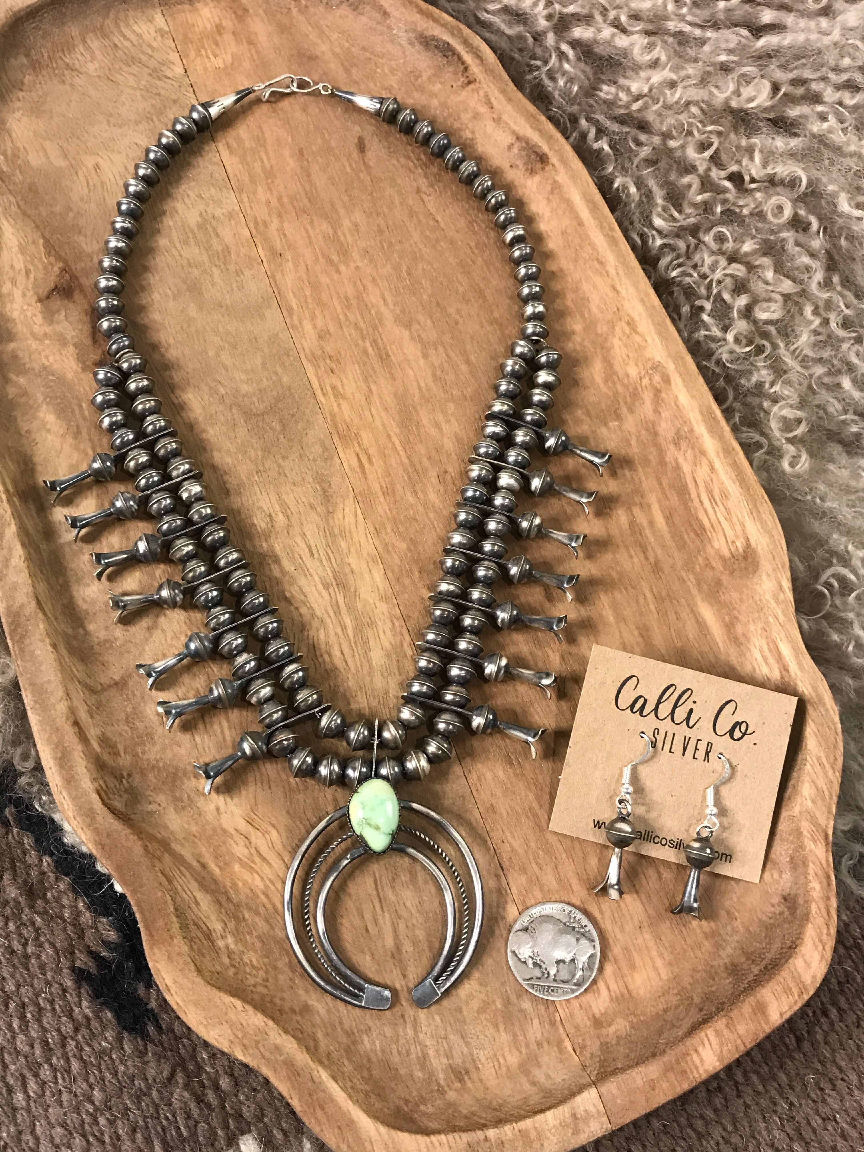 The Rani Squash Blossom Necklace Set-Necklaces-Calli Co., Turquoise and Silver Jewelry, Native American Handmade, Zuni Tribe, Navajo Tribe, Brock Texas