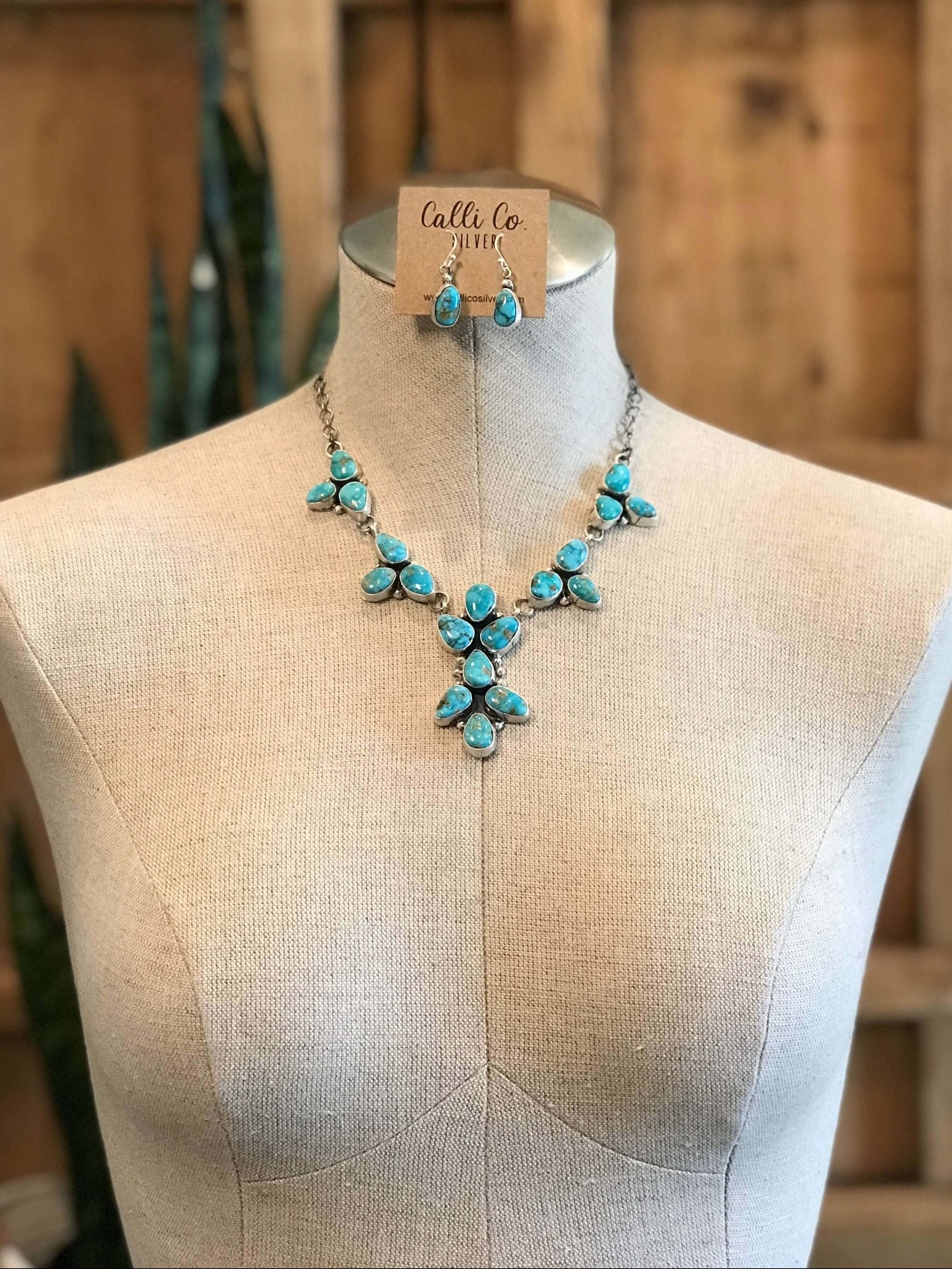 The Waco Turquoise Statement Necklace Set-Necklaces-Calli Co., Turquoise and Silver Jewelry, Native American Handmade, Zuni Tribe, Navajo Tribe, Brock Texas