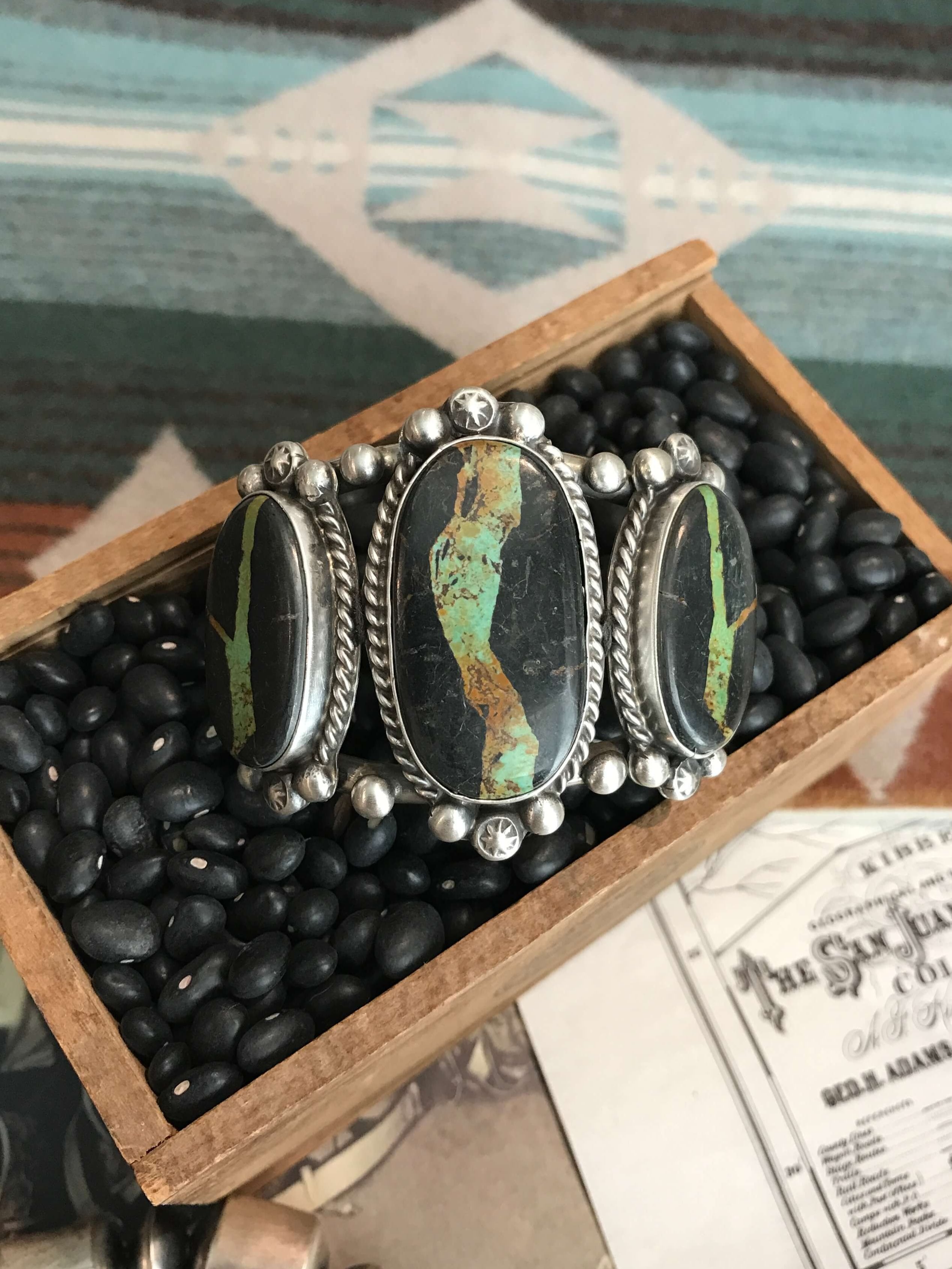 The 3 Stone Black Jack Cuff, 2-Bracelets & Cuffs-Calli Co., Turquoise and Silver Jewelry, Native American Handmade, Zuni Tribe, Navajo Tribe, Brock Texas