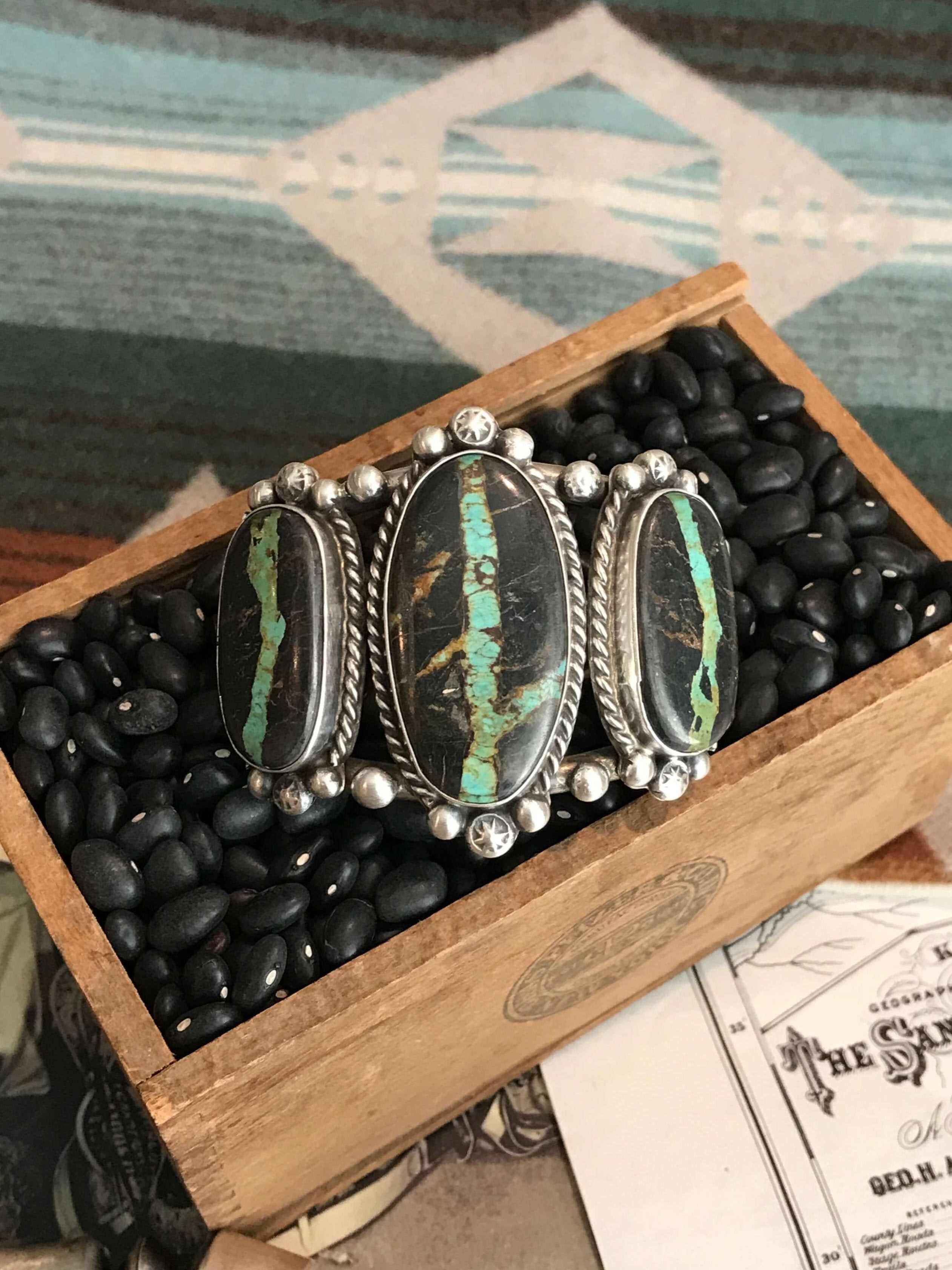 The 3 Stone Black Jack Cuff, 3-Bracelets & Cuffs-Calli Co., Turquoise and Silver Jewelry, Native American Handmade, Zuni Tribe, Navajo Tribe, Brock Texas