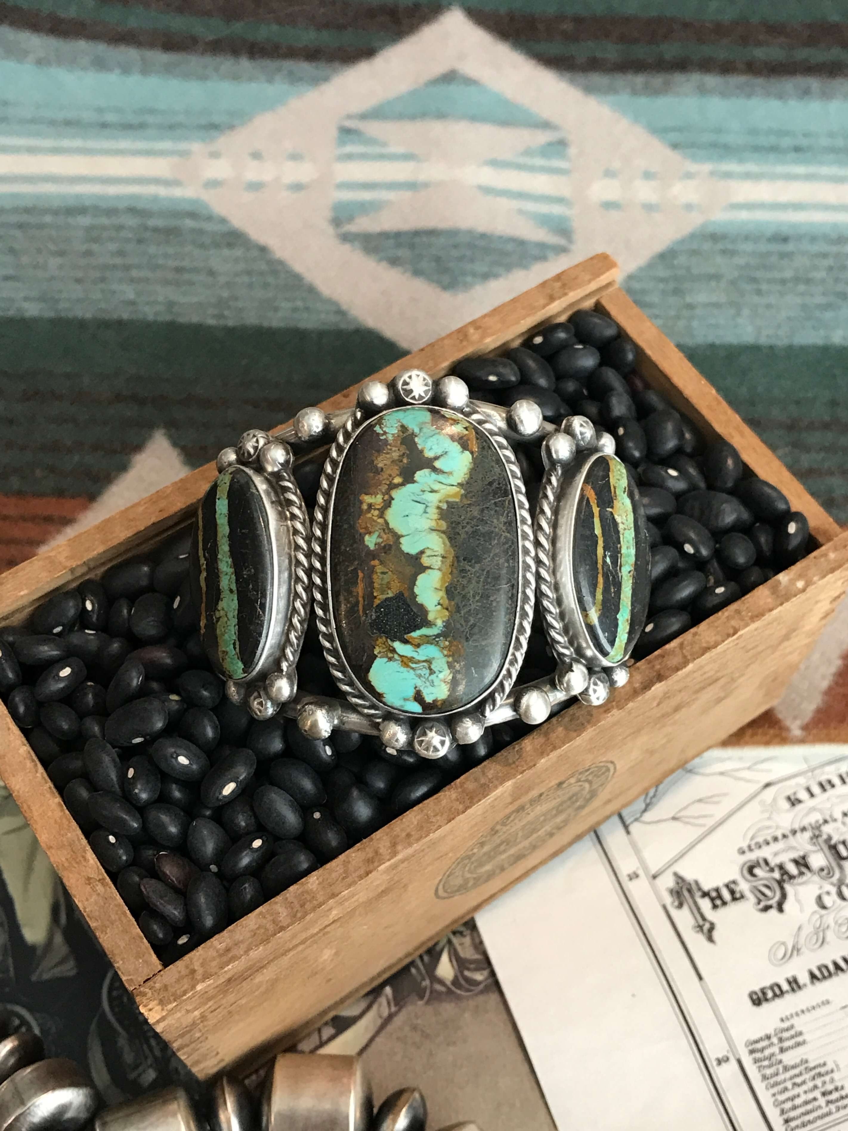 The 3 Stone Black Jack Cuff, 5-Bracelets & Cuffs-Calli Co., Turquoise and Silver Jewelry, Native American Handmade, Zuni Tribe, Navajo Tribe, Brock Texas