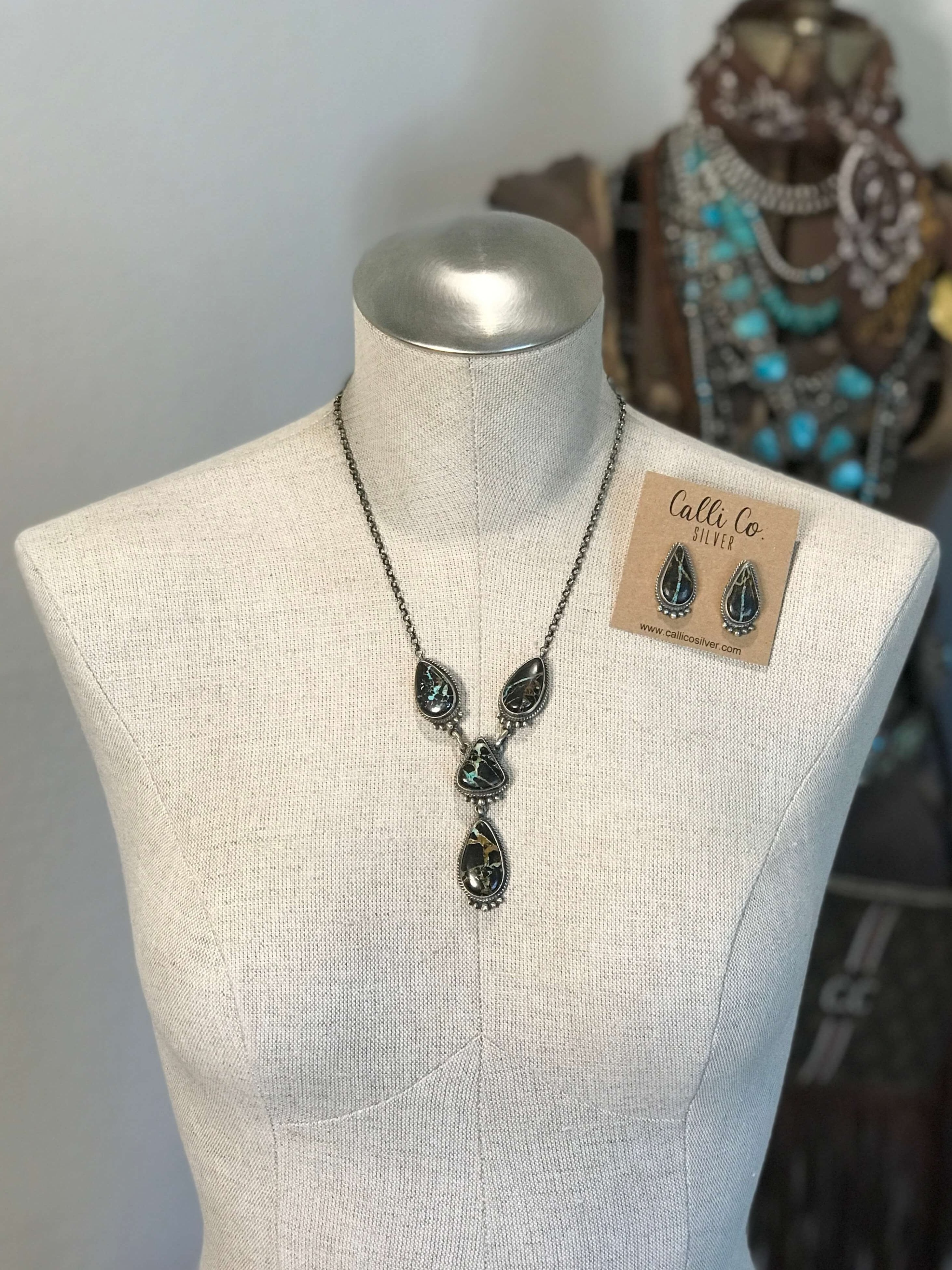 The Black Jack Lariat Necklace Set, 1-Necklaces-Calli Co., Turquoise and Silver Jewelry, Native American Handmade, Zuni Tribe, Navajo Tribe, Brock Texas