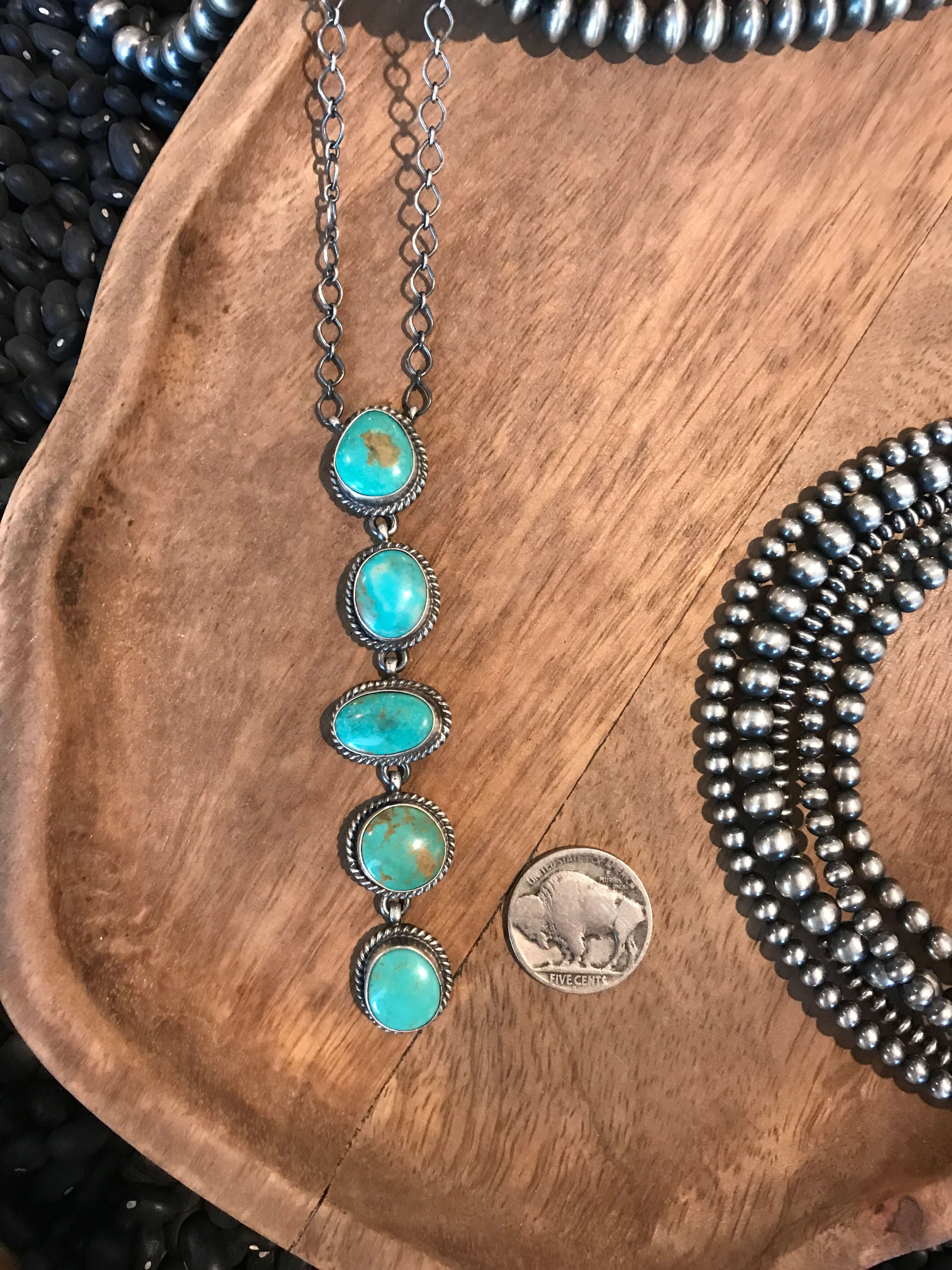 The Arroyo 5 Stone Lariat, 9-Necklaces-Calli Co., Turquoise and Silver Jewelry, Native American Handmade, Zuni Tribe, Navajo Tribe, Brock Texas