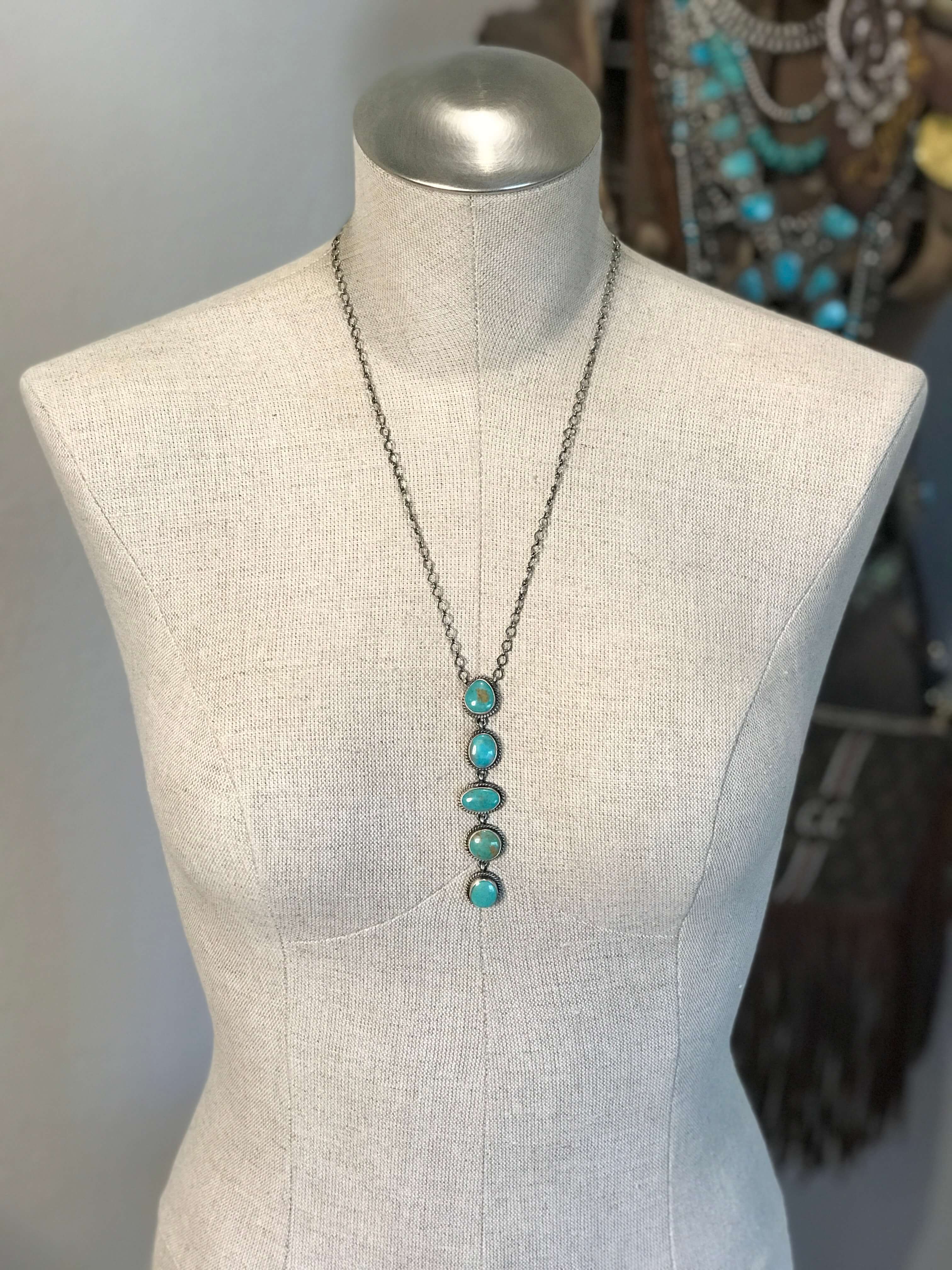 The Arroyo 5 Stone Lariat, 9-Necklaces-Calli Co., Turquoise and Silver Jewelry, Native American Handmade, Zuni Tribe, Navajo Tribe, Brock Texas