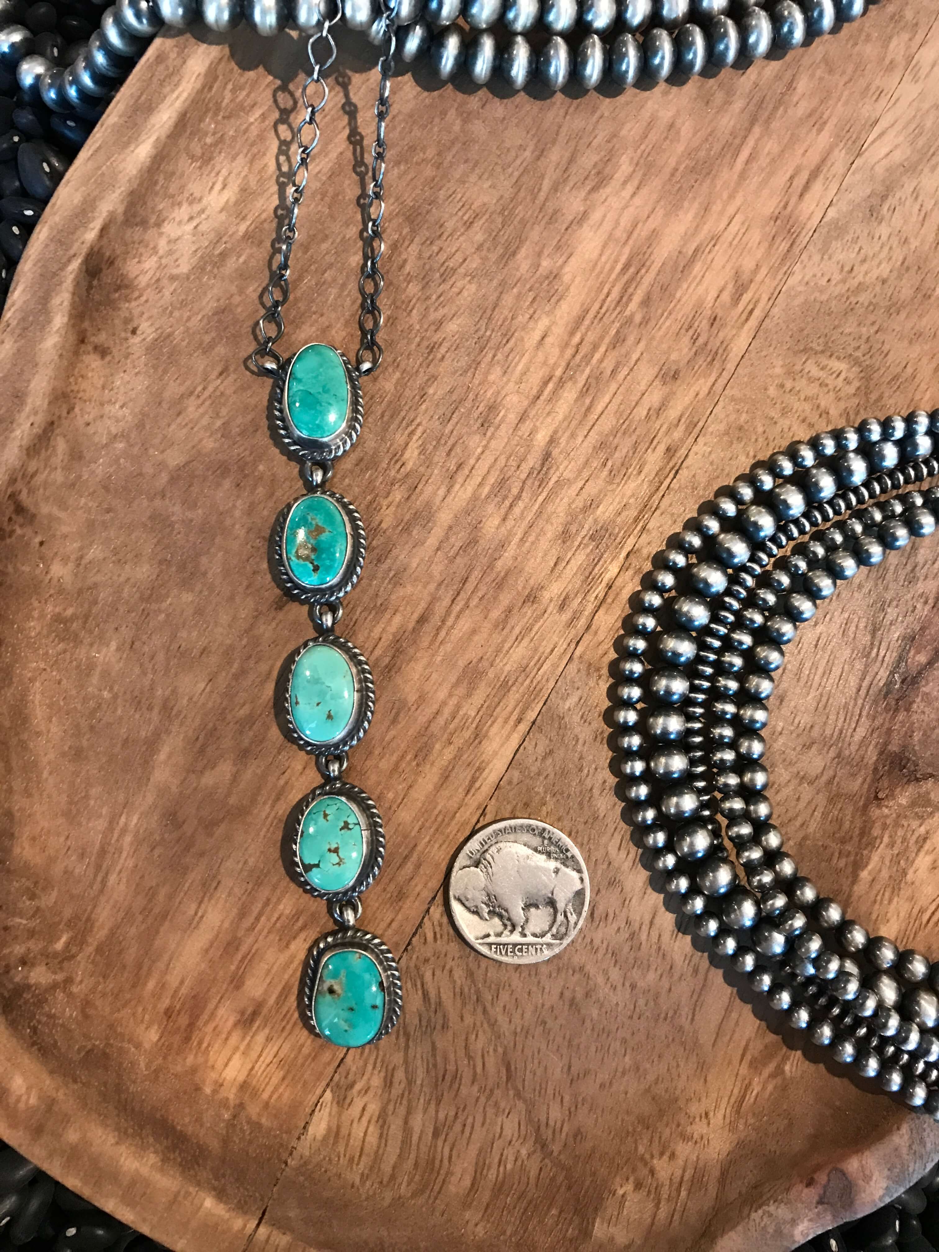 The Arroyo 5 Stone Lariat, 15-Necklaces-Calli Co., Turquoise and Silver Jewelry, Native American Handmade, Zuni Tribe, Navajo Tribe, Brock Texas