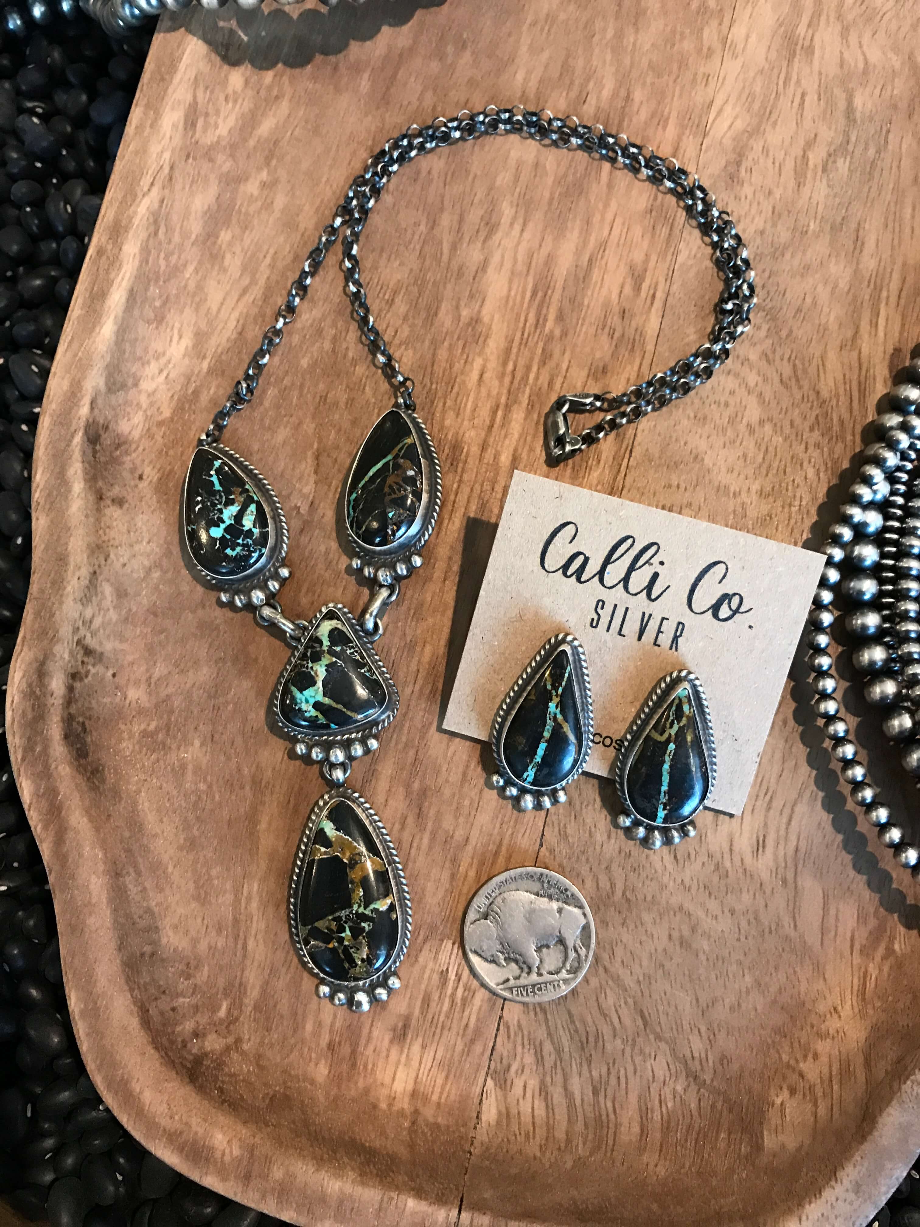 The Black Jack Lariat Necklace Set, 1-Necklaces-Calli Co., Turquoise and Silver Jewelry, Native American Handmade, Zuni Tribe, Navajo Tribe, Brock Texas