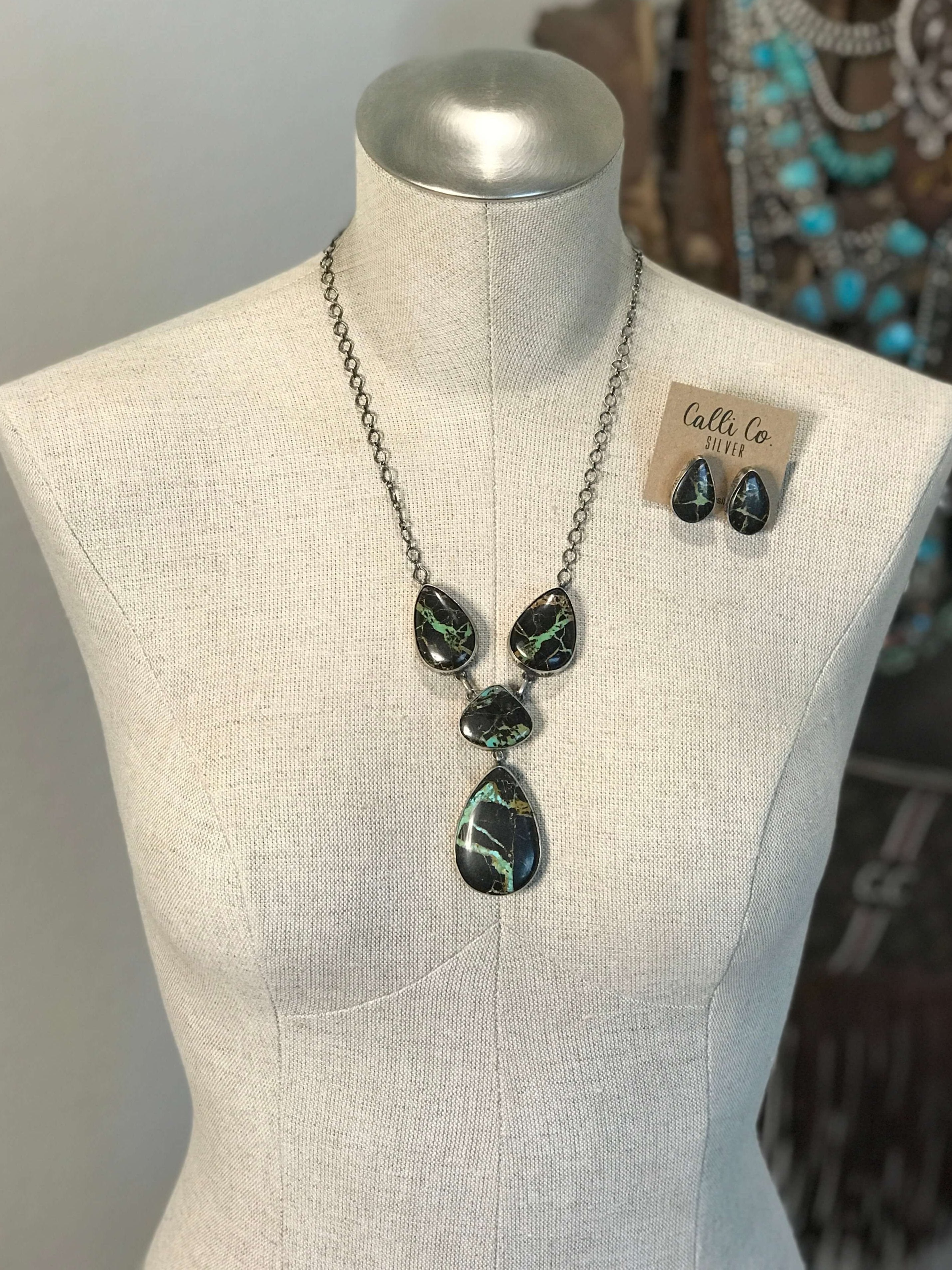 The Black Jack Lariat Necklace Set, 2-Necklaces-Calli Co., Turquoise and Silver Jewelry, Native American Handmade, Zuni Tribe, Navajo Tribe, Brock Texas