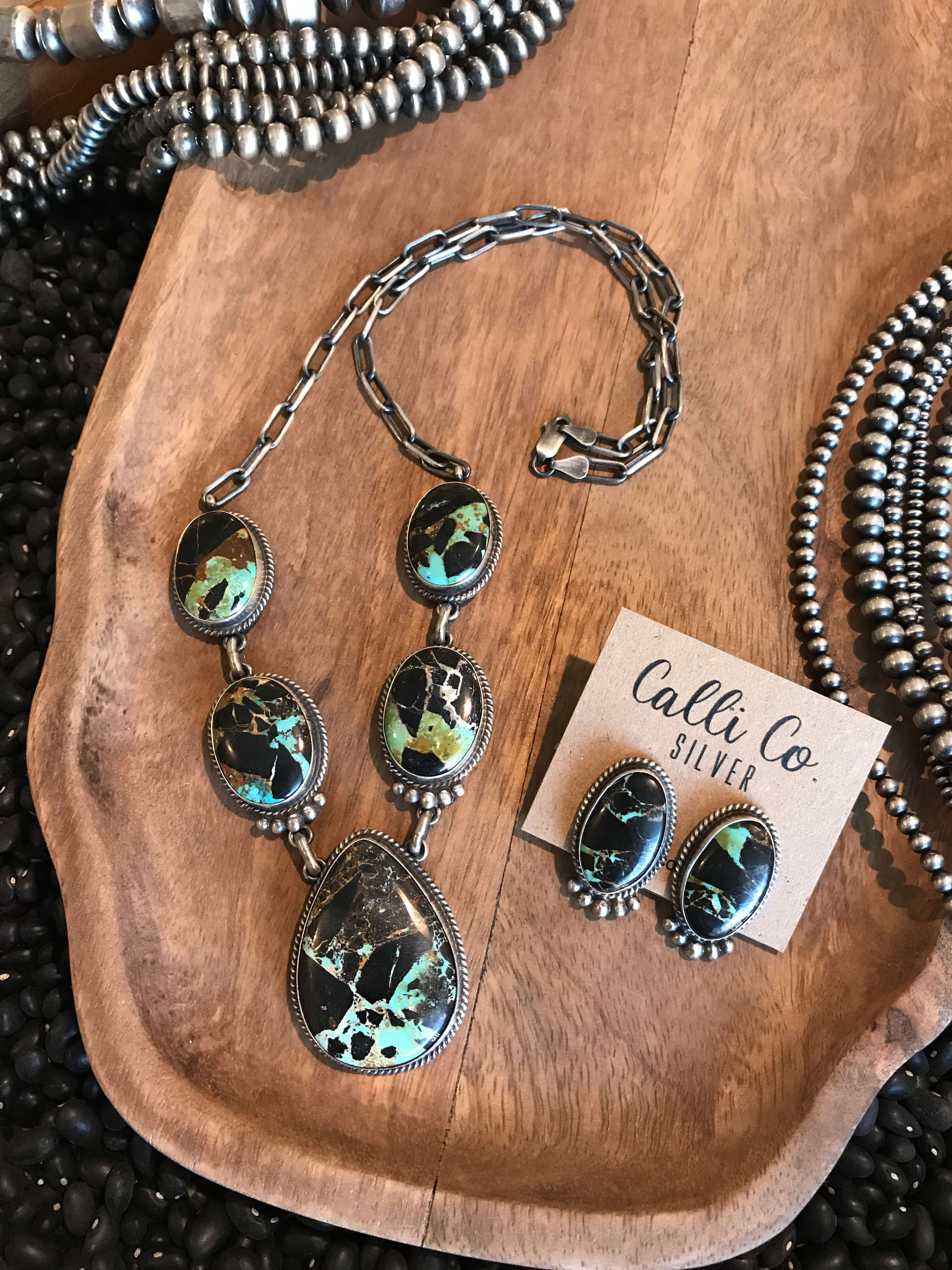 The Black Jack Lariat Necklace Set, 3-Necklaces-Calli Co., Turquoise and Silver Jewelry, Native American Handmade, Zuni Tribe, Navajo Tribe, Brock Texas