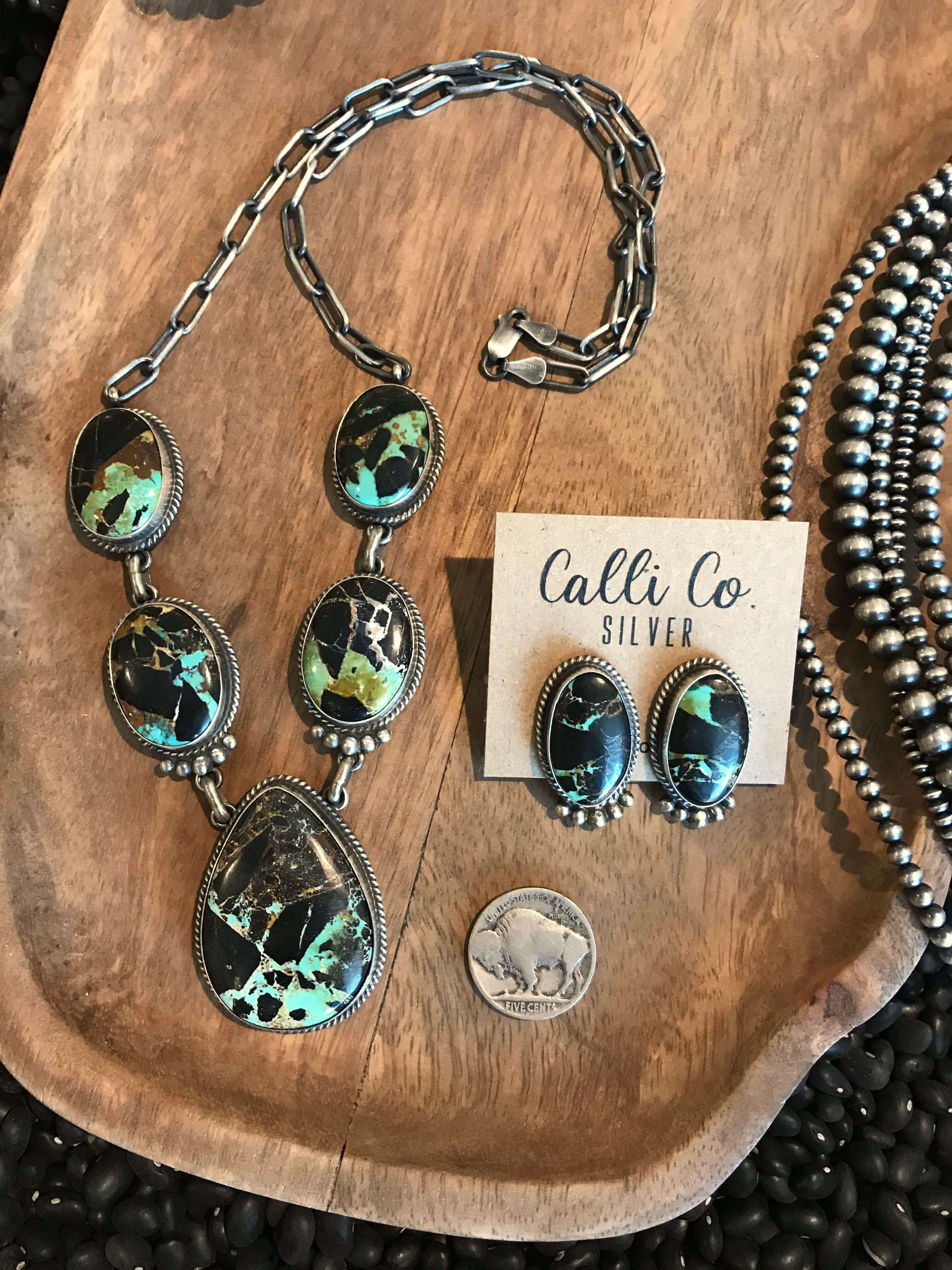 The Black Jack Lariat Necklace Set, 3-Necklaces-Calli Co., Turquoise and Silver Jewelry, Native American Handmade, Zuni Tribe, Navajo Tribe, Brock Texas