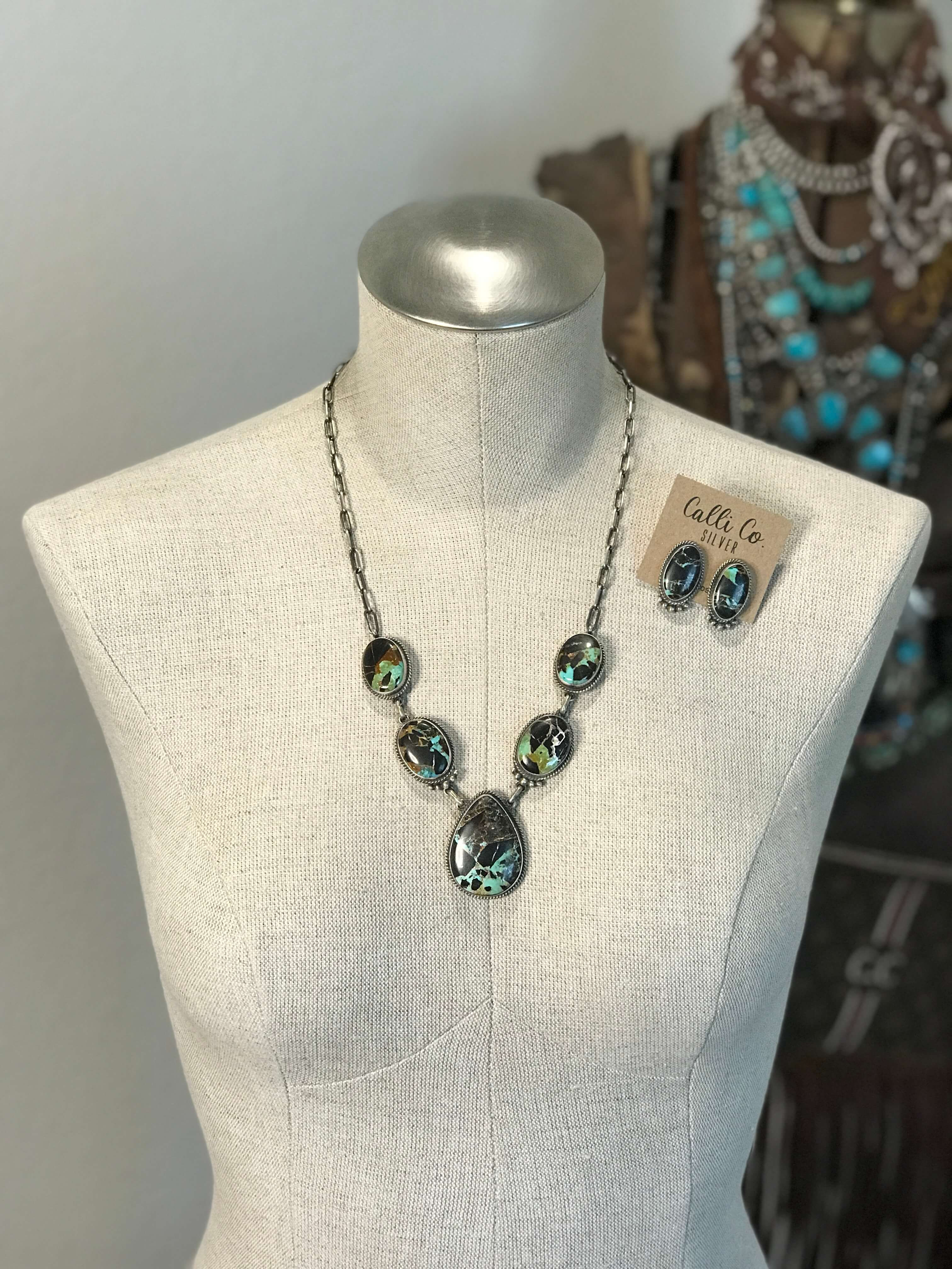 The Black Jack Lariat Necklace Set, 3-Necklaces-Calli Co., Turquoise and Silver Jewelry, Native American Handmade, Zuni Tribe, Navajo Tribe, Brock Texas