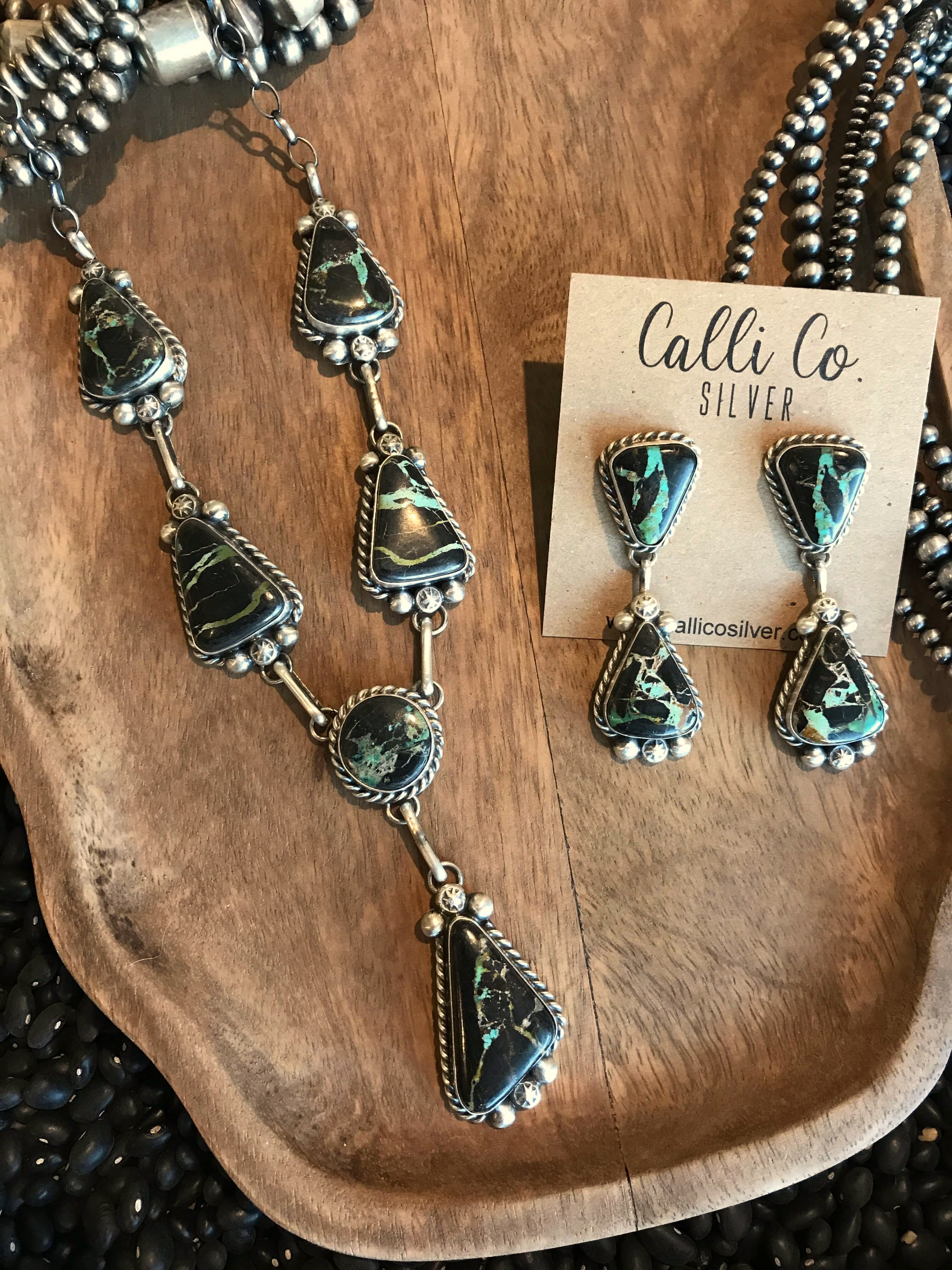 The Nanton Black Jack Lariat Necklace Set-Necklaces-Calli Co., Turquoise and Silver Jewelry, Native American Handmade, Zuni Tribe, Navajo Tribe, Brock Texas