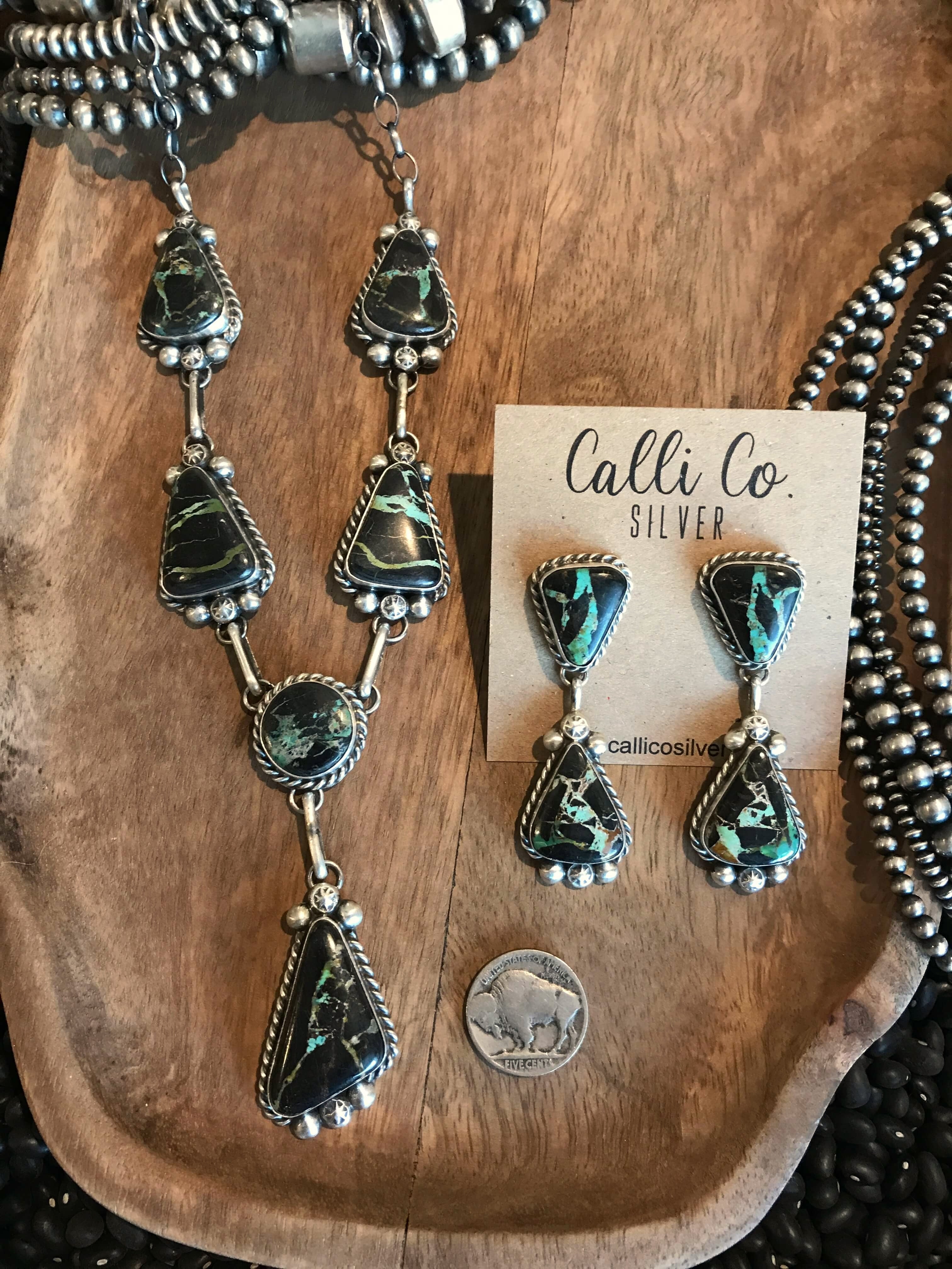 The Nanton Black Jack Lariat Necklace Set-Necklaces-Calli Co., Turquoise and Silver Jewelry, Native American Handmade, Zuni Tribe, Navajo Tribe, Brock Texas