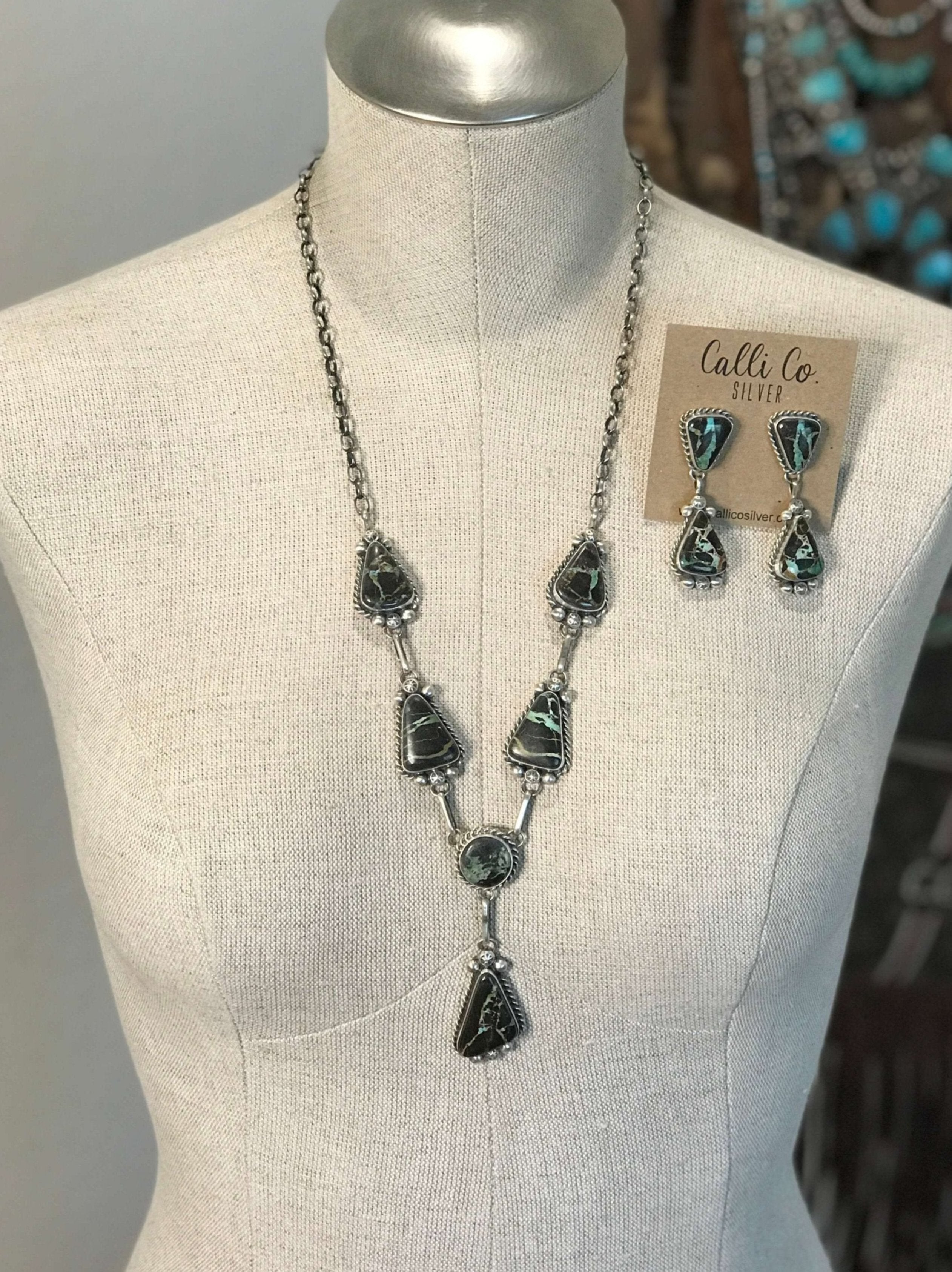 The Nanton Black Jack Lariat Necklace Set-Necklaces-Calli Co., Turquoise and Silver Jewelry, Native American Handmade, Zuni Tribe, Navajo Tribe, Brock Texas