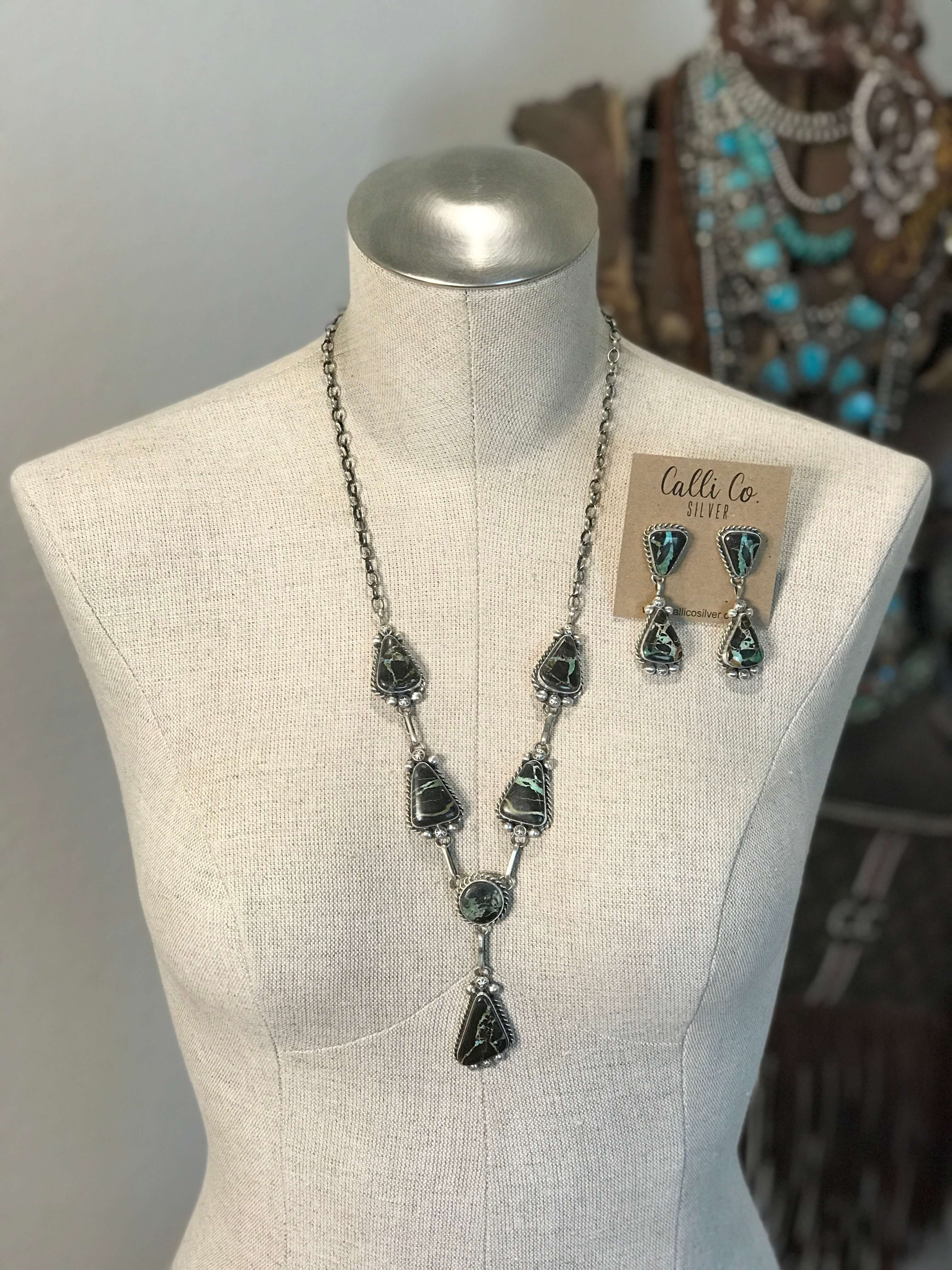 The Nanton Black Jack Lariat Necklace Set-Necklaces-Calli Co., Turquoise and Silver Jewelry, Native American Handmade, Zuni Tribe, Navajo Tribe, Brock Texas