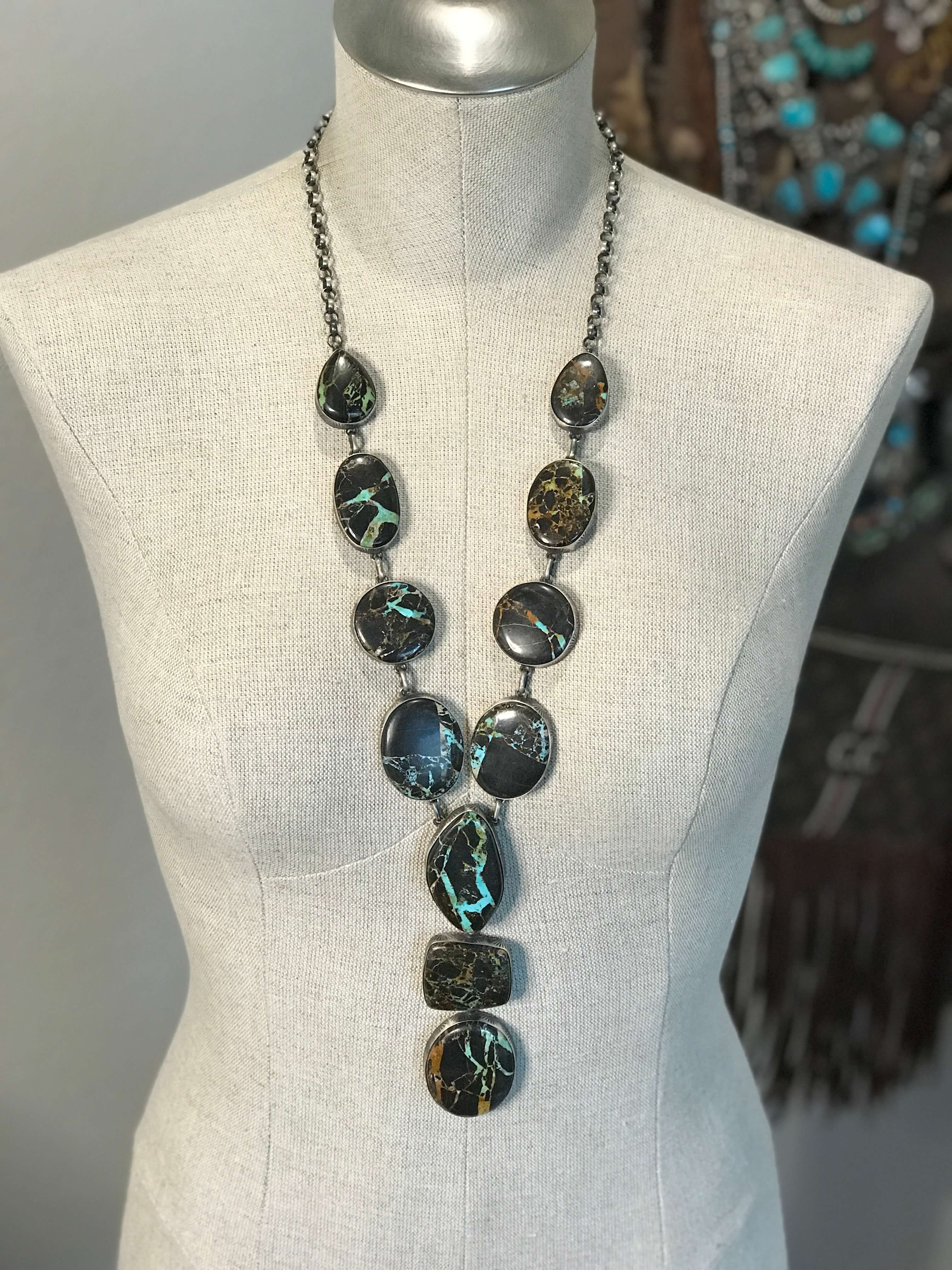 The Missoula Black Jack Lariat Necklace Set-Necklaces-Calli Co., Turquoise and Silver Jewelry, Native American Handmade, Zuni Tribe, Navajo Tribe, Brock Texas