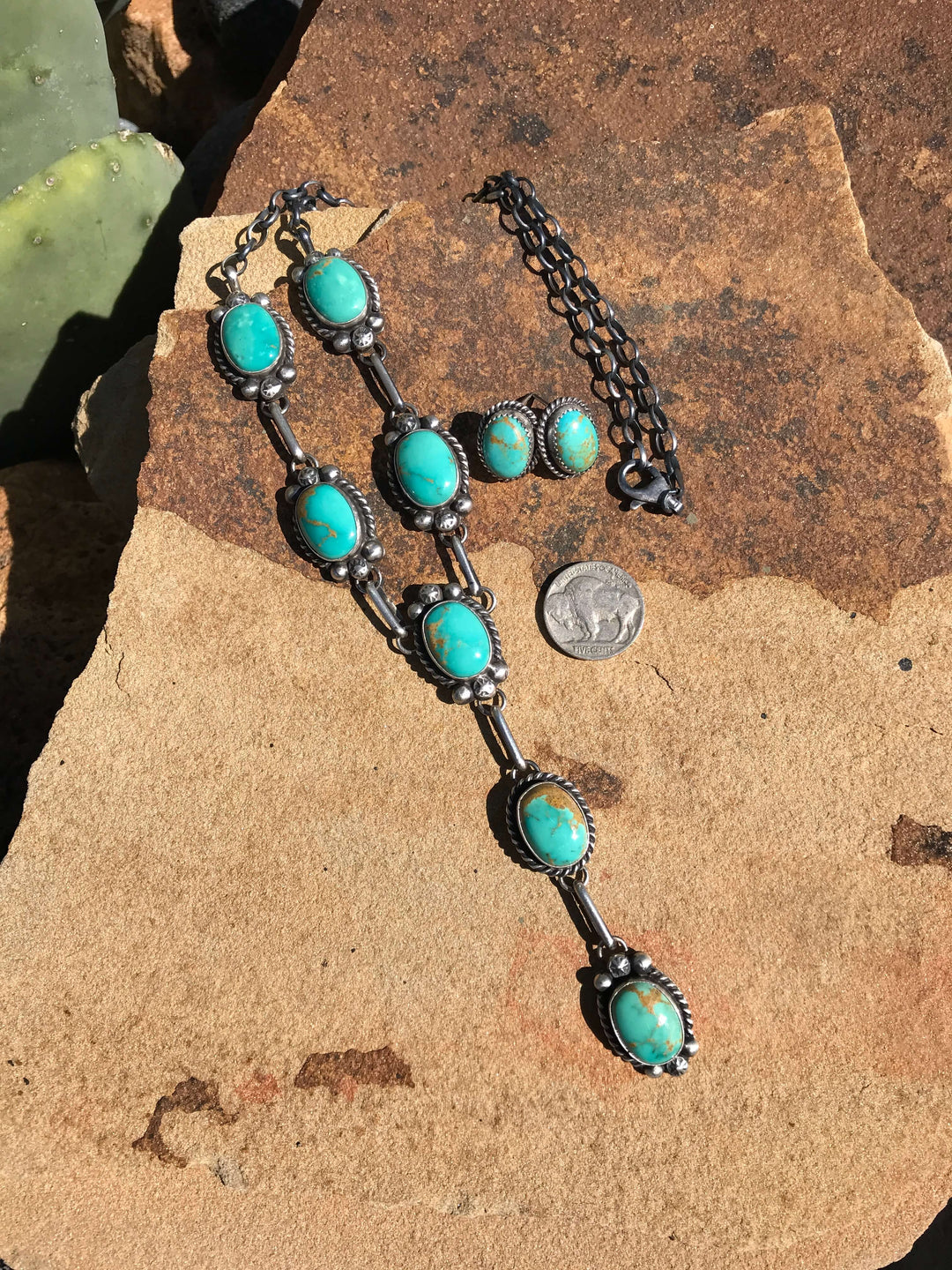 The Melrose Lariat Necklace Set-Necklaces-Calli Co., Turquoise and Silver Jewelry, Native American Handmade, Zuni Tribe, Navajo Tribe, Brock Texas