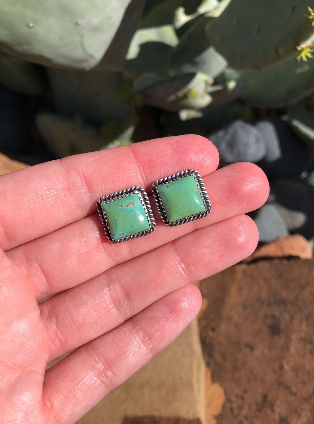 The Square Studs, 1-Earrings-Calli Co., Turquoise and Silver Jewelry, Native American Handmade, Zuni Tribe, Navajo Tribe, Brock Texas
