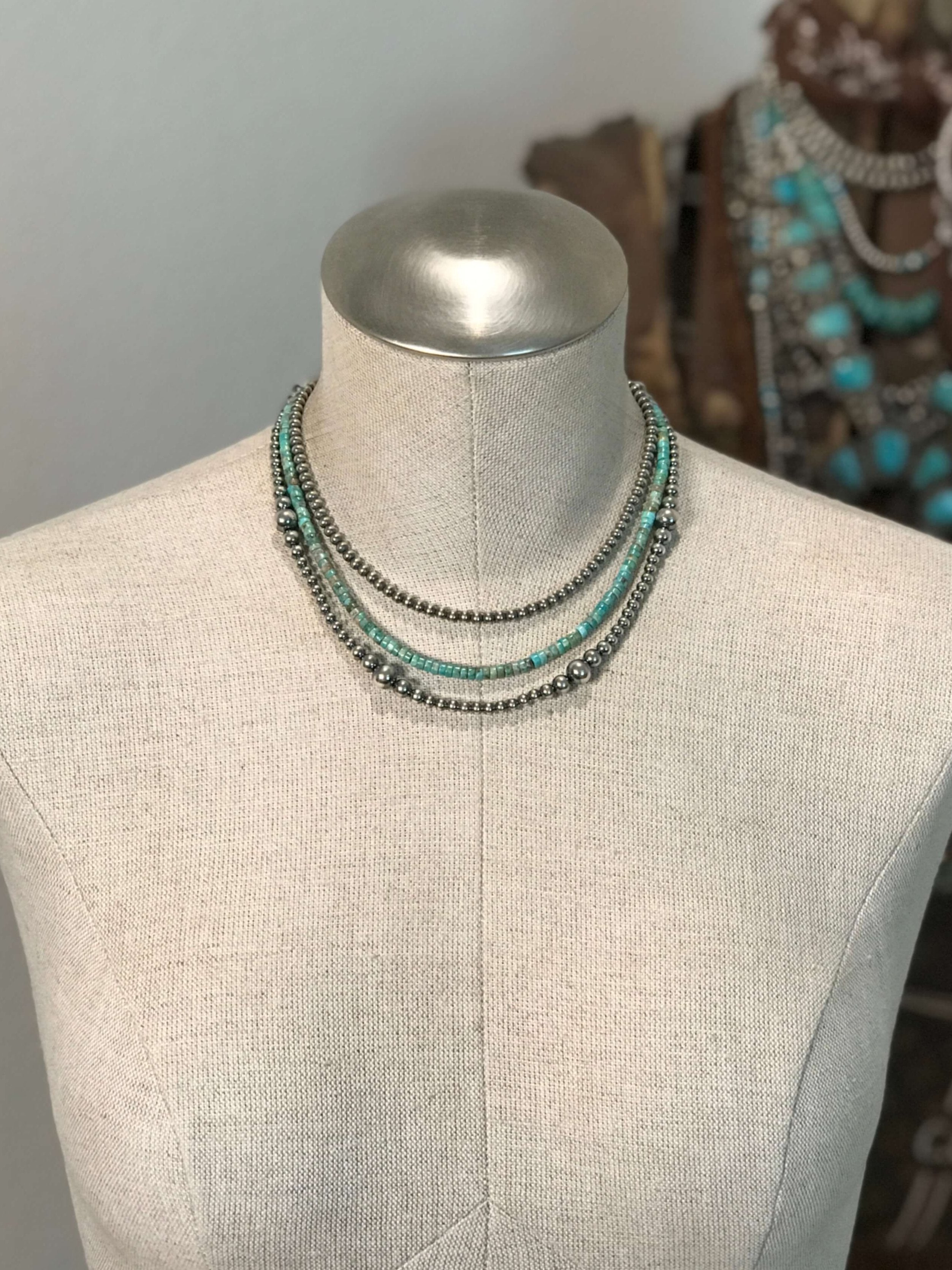 The Cara Triple Strand Necklace-Necklaces-Calli Co., Turquoise and Silver Jewelry, Native American Handmade, Zuni Tribe, Navajo Tribe, Brock Texas