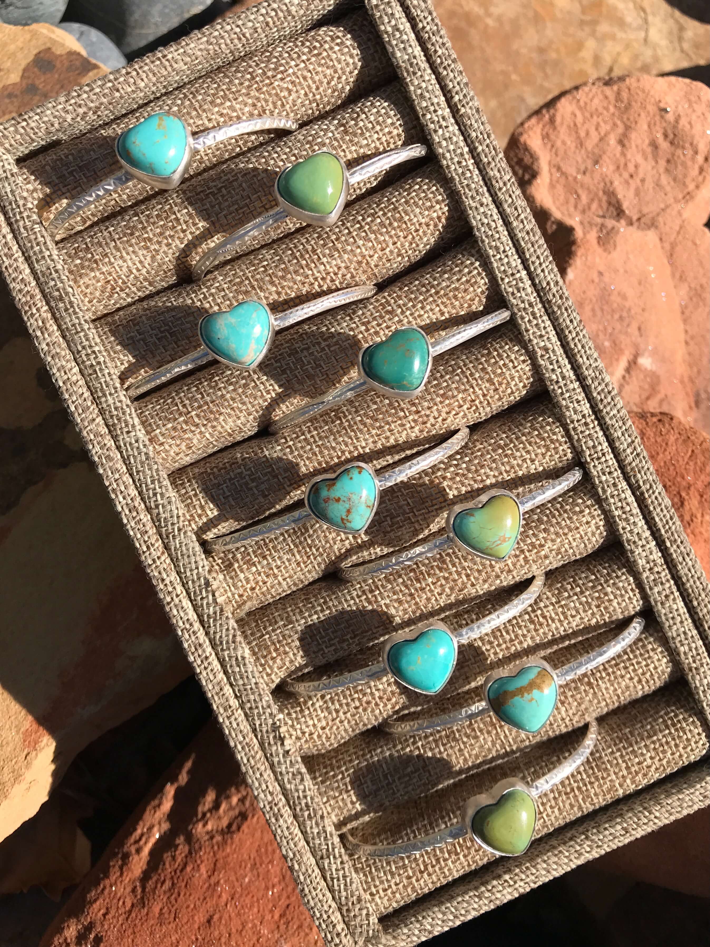 The Petite Turquoise Heart Cuffs-Bracelets & Cuffs-Calli Co., Turquoise and Silver Jewelry, Native American Handmade, Zuni Tribe, Navajo Tribe, Brock Texas