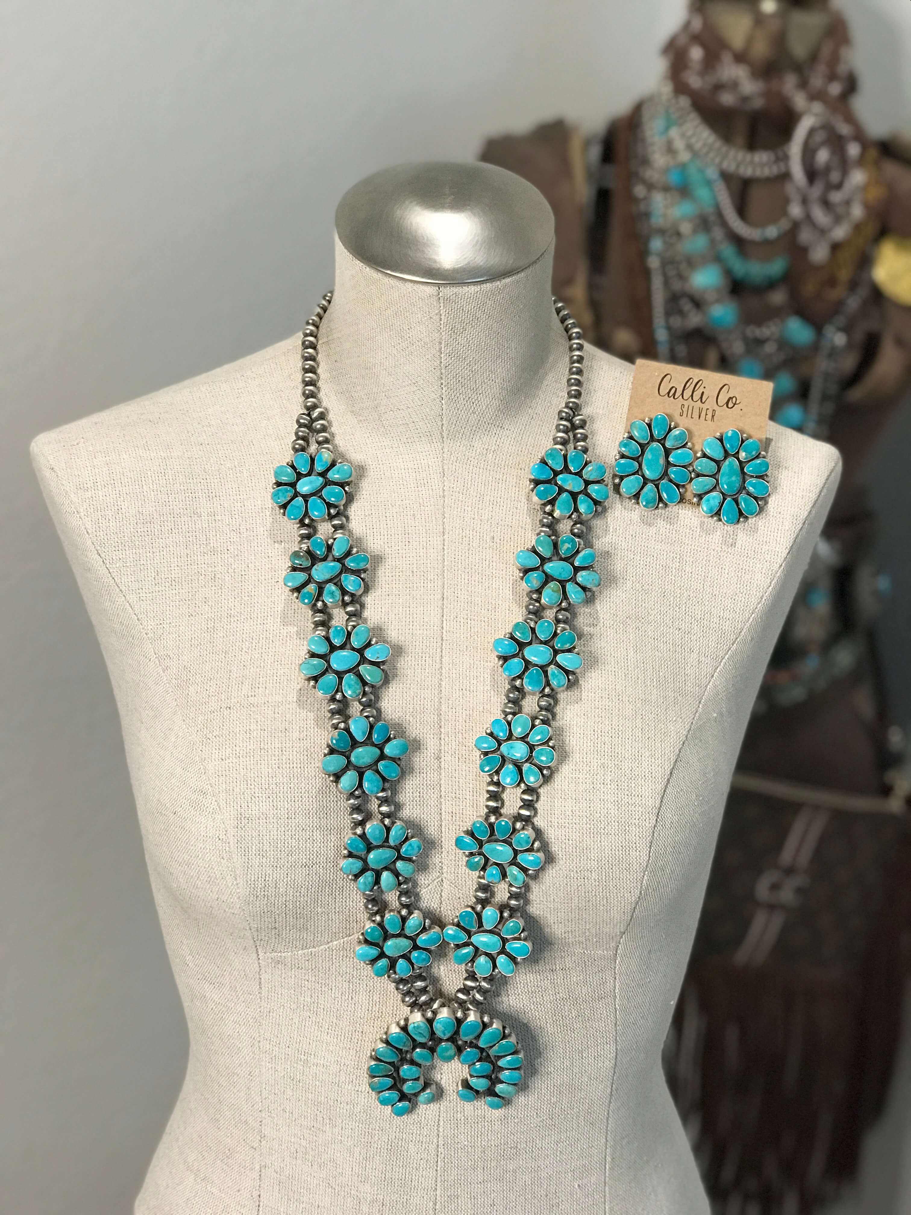 The Castanza Turquoise Statement Necklace Set-Necklaces-Calli Co., Turquoise and Silver Jewelry, Native American Handmade, Zuni Tribe, Navajo Tribe, Brock Texas