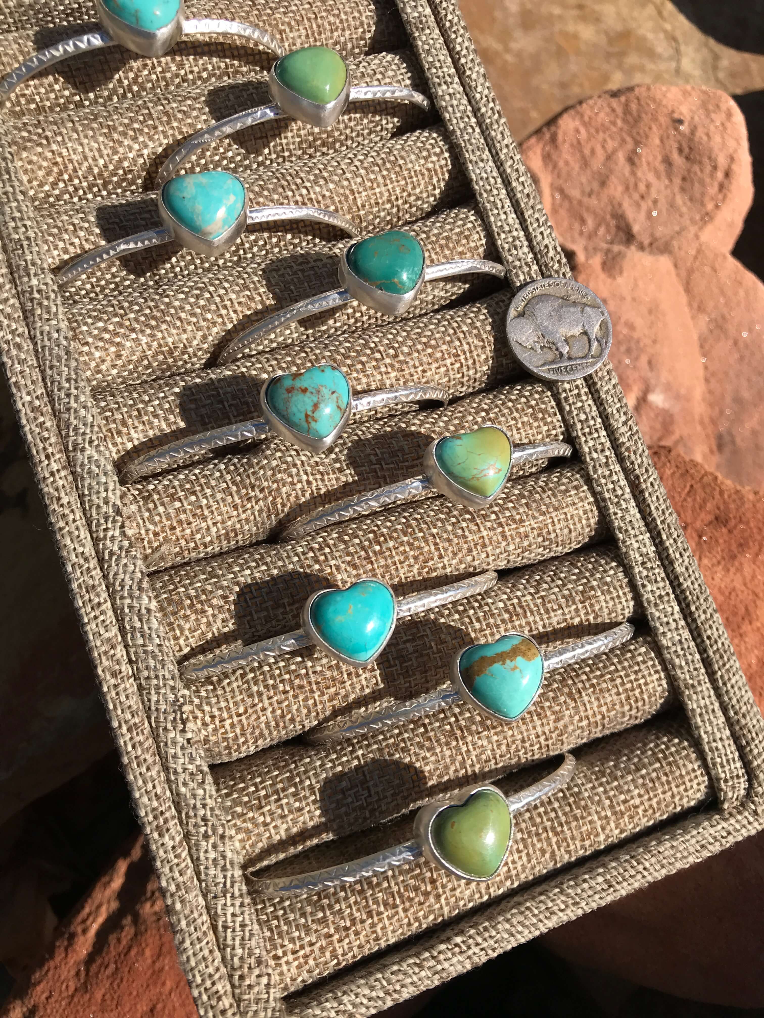 The Petite Turquoise Heart Cuffs-Bracelets & Cuffs-Calli Co., Turquoise and Silver Jewelry, Native American Handmade, Zuni Tribe, Navajo Tribe, Brock Texas