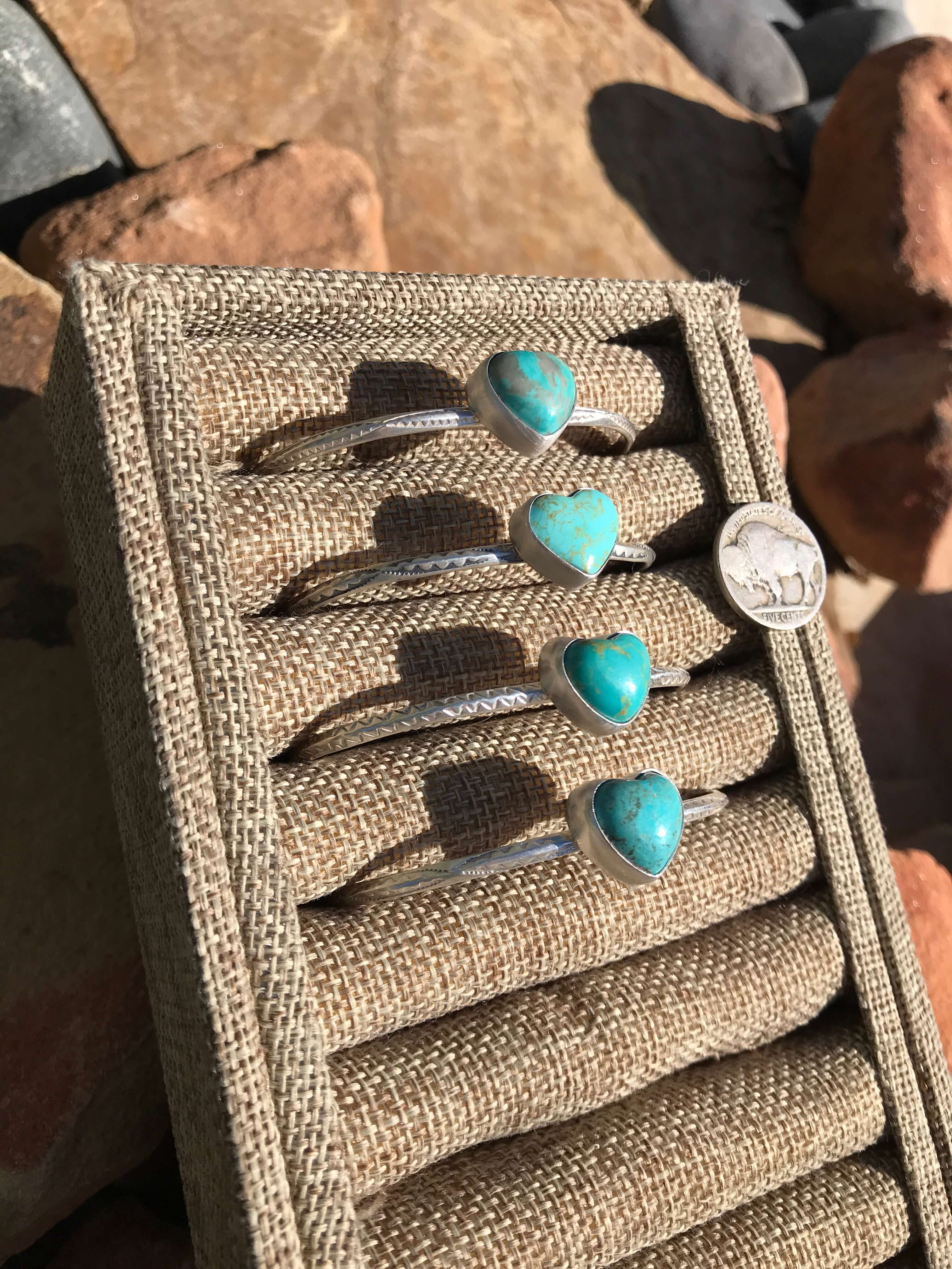 The Petite Turquoise Heart Cuffs-Bracelets & Cuffs-Calli Co., Turquoise and Silver Jewelry, Native American Handmade, Zuni Tribe, Navajo Tribe, Brock Texas