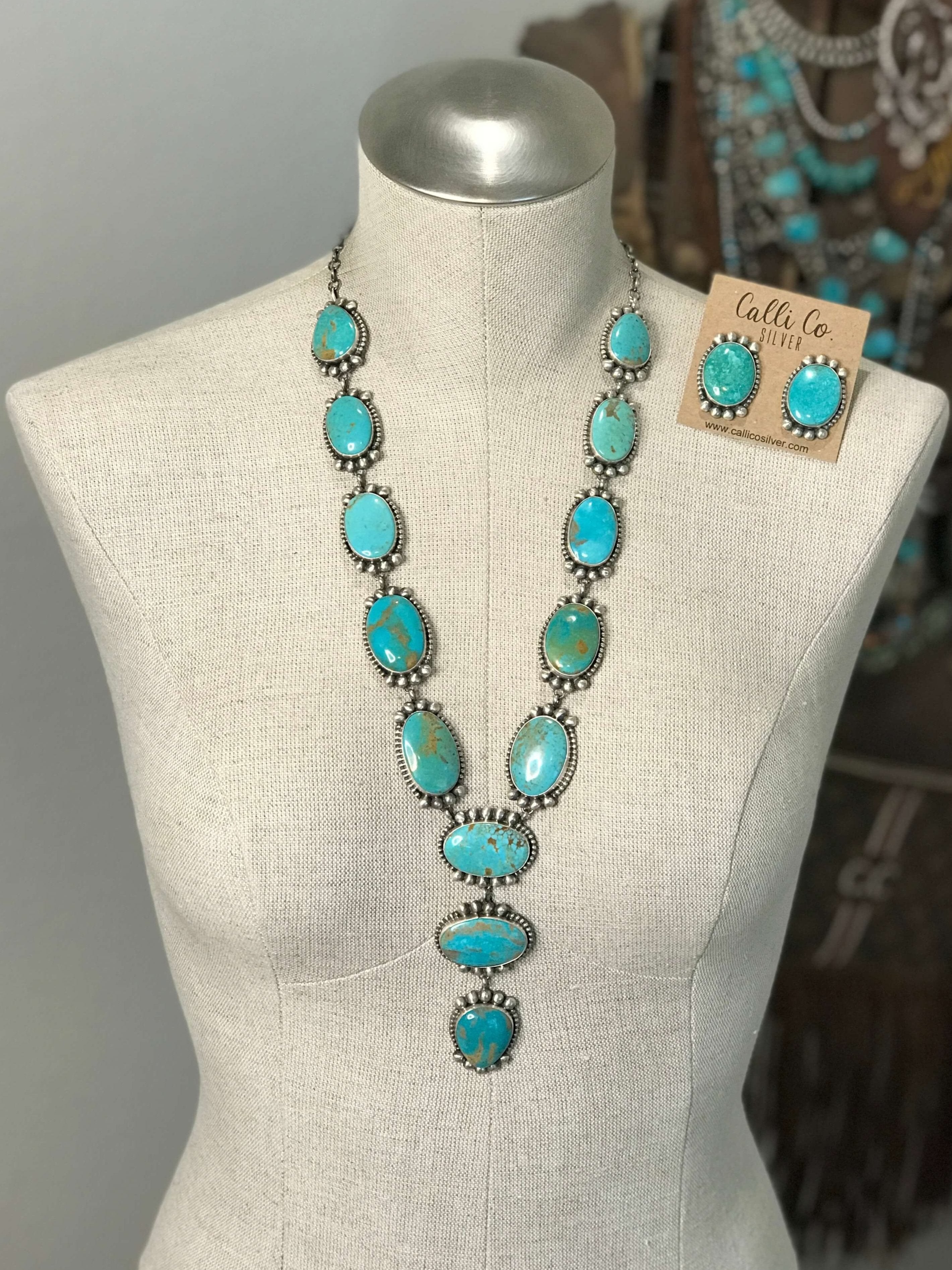 The Juniper Lariat Necklace Set-Necklaces-Calli Co., Turquoise and Silver Jewelry, Native American Handmade, Zuni Tribe, Navajo Tribe, Brock Texas