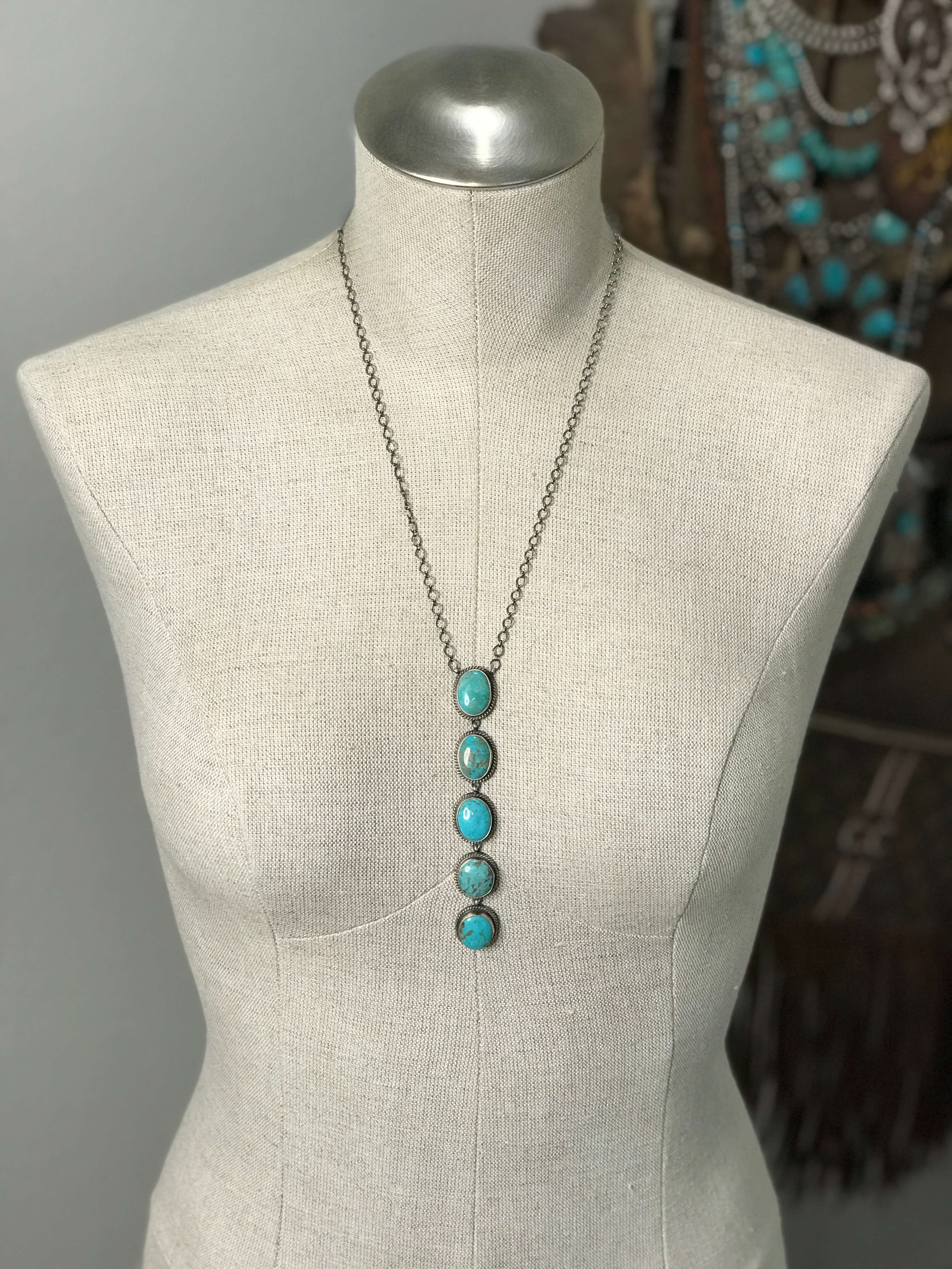 The Arroyo 5 Stone Lariat, 20-Necklaces-Calli Co., Turquoise and Silver Jewelry, Native American Handmade, Zuni Tribe, Navajo Tribe, Brock Texas