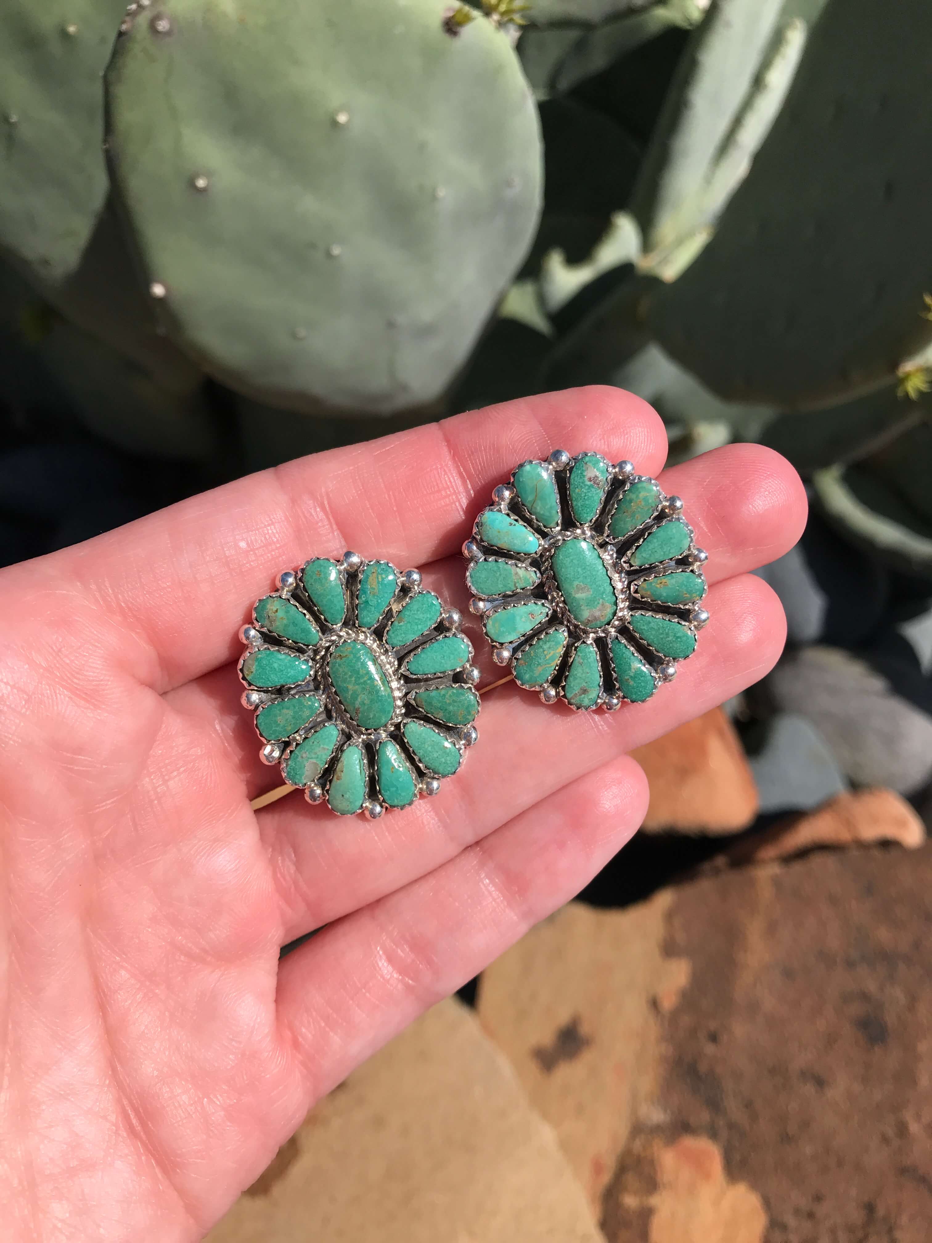 The Western Skies Cluster Earrings, 10-Earrings-Calli Co., Turquoise and Silver Jewelry, Native American Handmade, Zuni Tribe, Navajo Tribe, Brock Texas